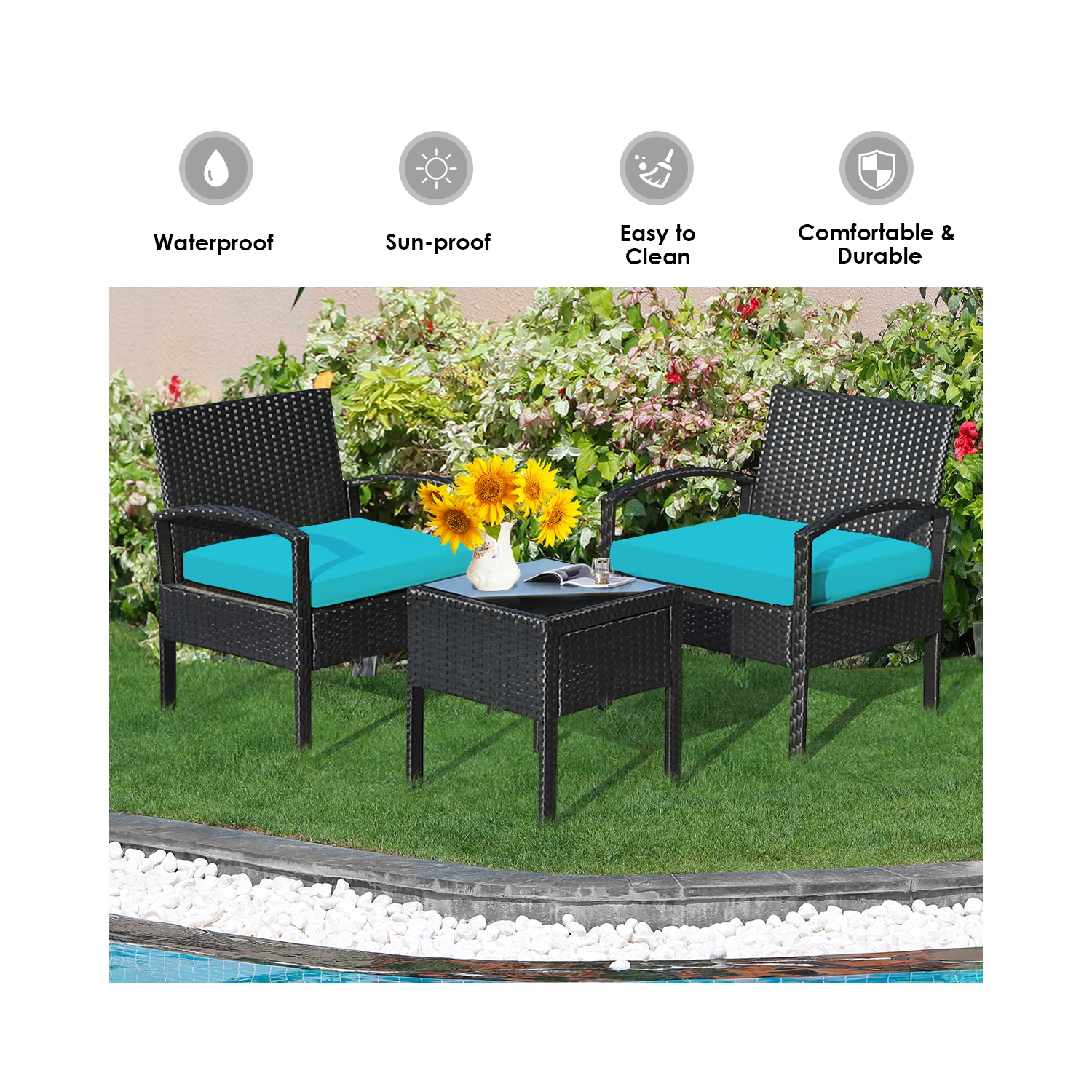Patiojoy 3 Pieces Patio Set Outdoor Wicker Rattan Furniture w/ Cushions Turquoise