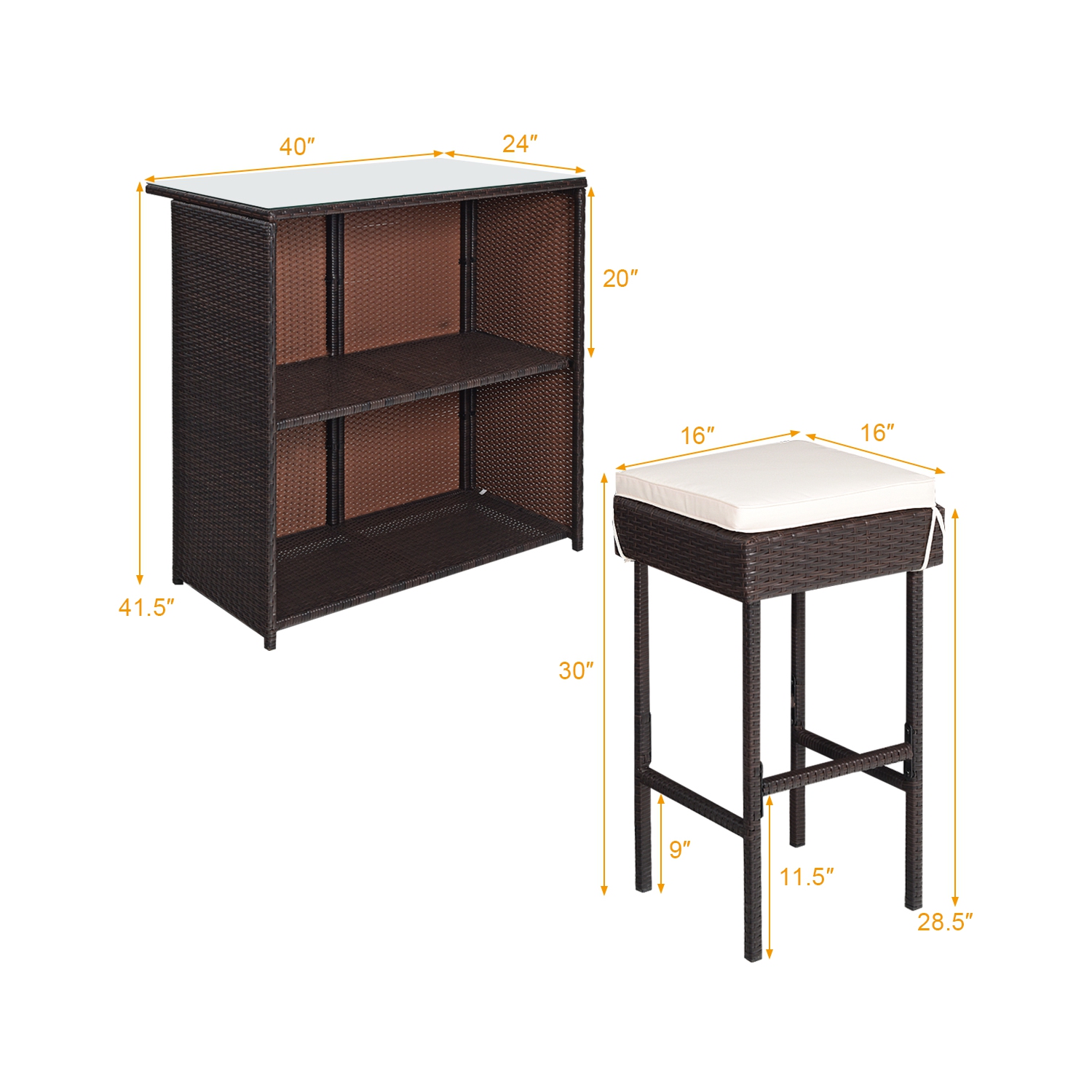 Topbuy 3PCS Patio Wicker Rattan Bar Set Table w/2 Cushioned Stools