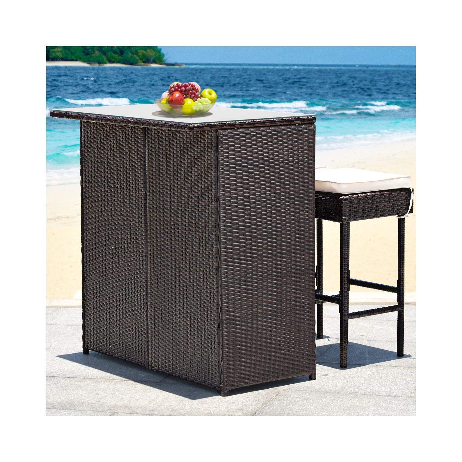 Topbuy 3PCS Patio Wicker Rattan Bar Set Table w/2 Cushioned Stools