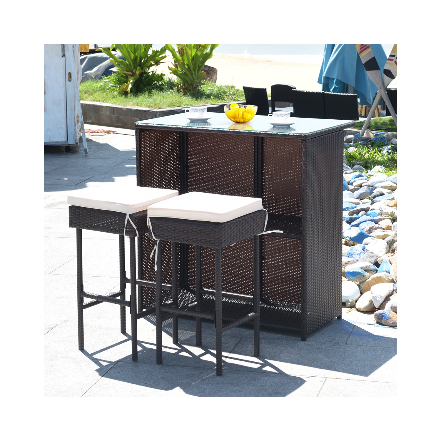 Topbuy 3PCS Patio Wicker Rattan Bar Set Table w/2 Cushioned Stools