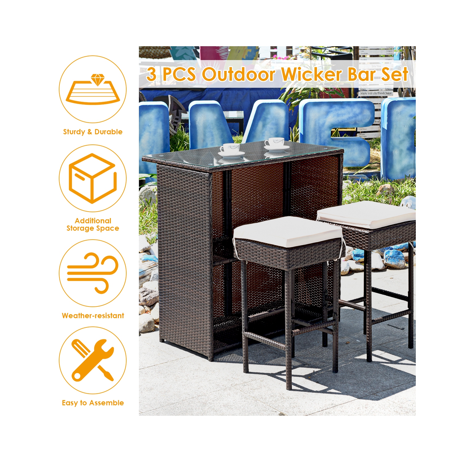 Topbuy 3PCS Patio Wicker Rattan Bar Set Table w/2 Cushioned Stools