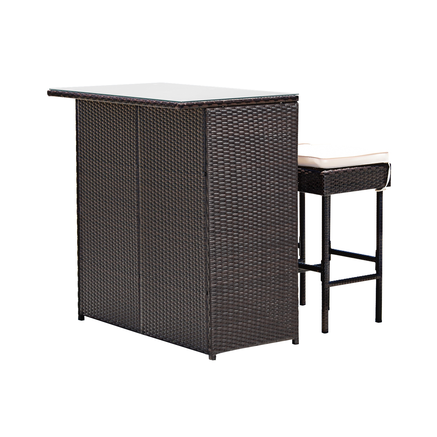Topbuy 3PCS Patio Wicker Rattan Bar Set Table w/2 Cushioned Stools