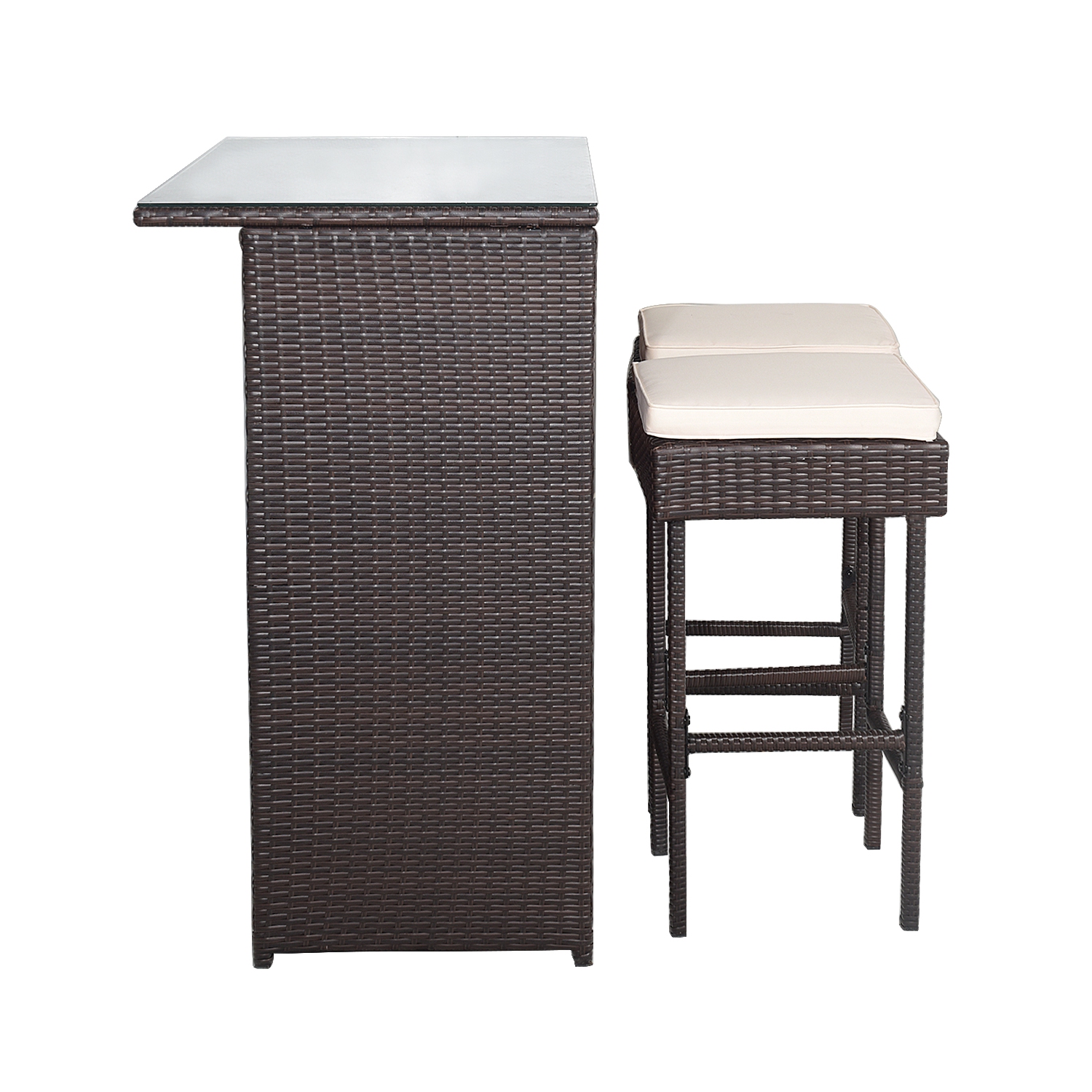 Topbuy 3PCS Patio Wicker Rattan Bar Set Table w/2 Cushioned Stools