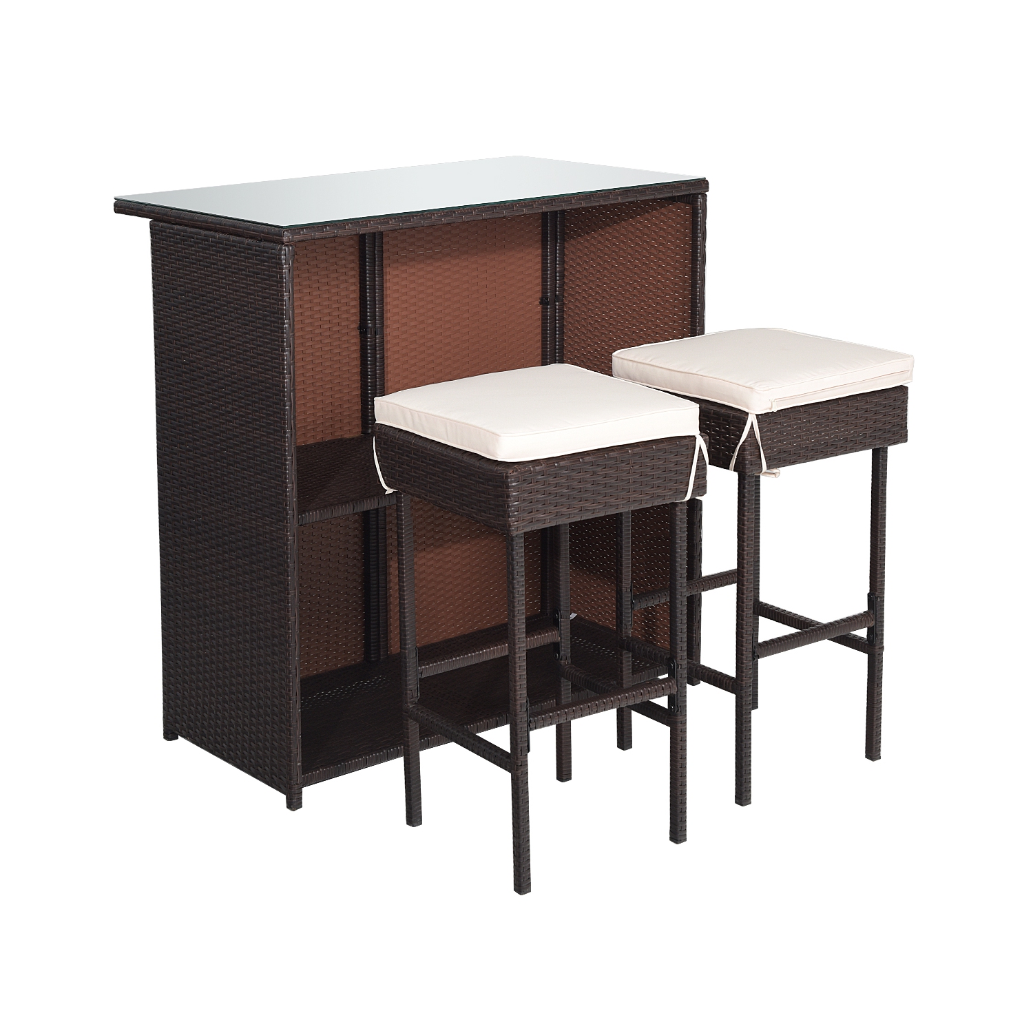 Topbuy 3PCS Patio Wicker Rattan Bar Set Table w/2 Cushioned Stools