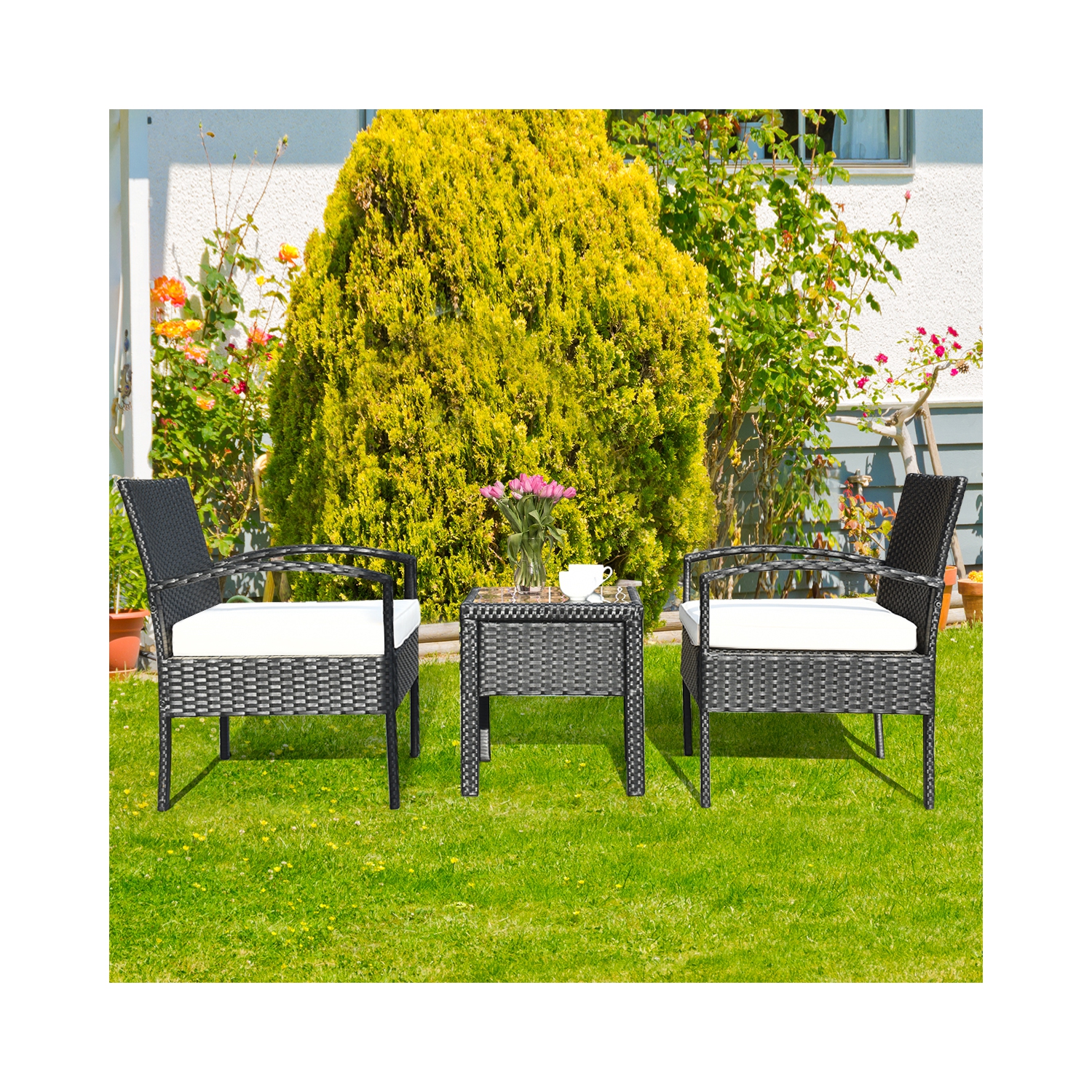 Topbuy Cushioned Outdoor Wicker Rattan Chair Set Patio Furniture Backyard Seat