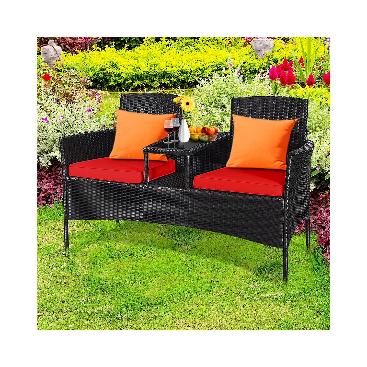 Topbuy Outdoor Rattan Furniture Wicker Patio Conversation Chair W/Cushion Red