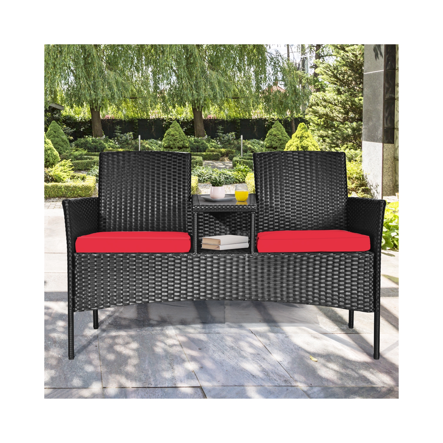 Topbuy Outdoor Rattan Furniture Wicker Patio Conversation Chair W/Cushion Red
