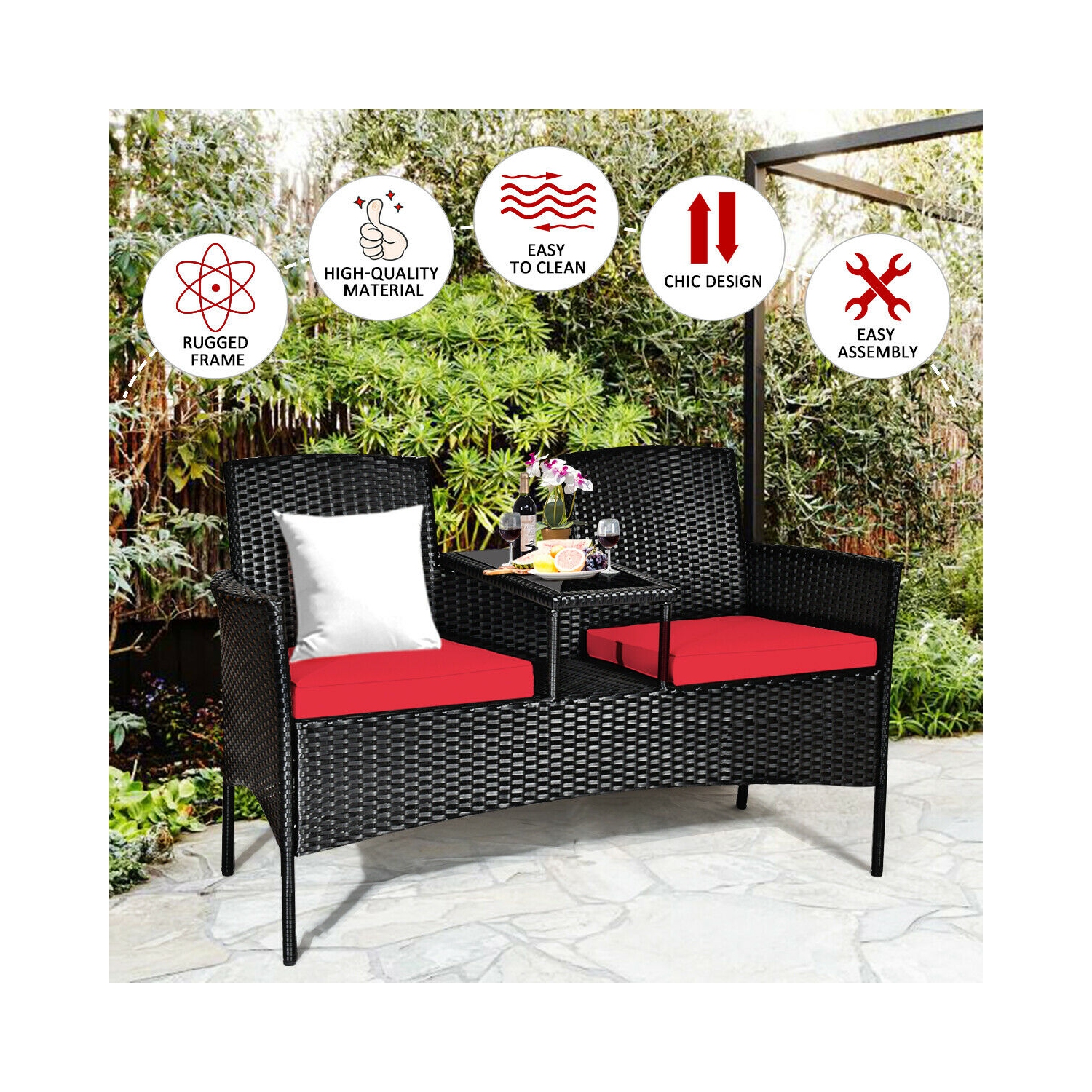 Topbuy Outdoor Rattan Furniture Wicker Patio Conversation Chair W/Cushion Red