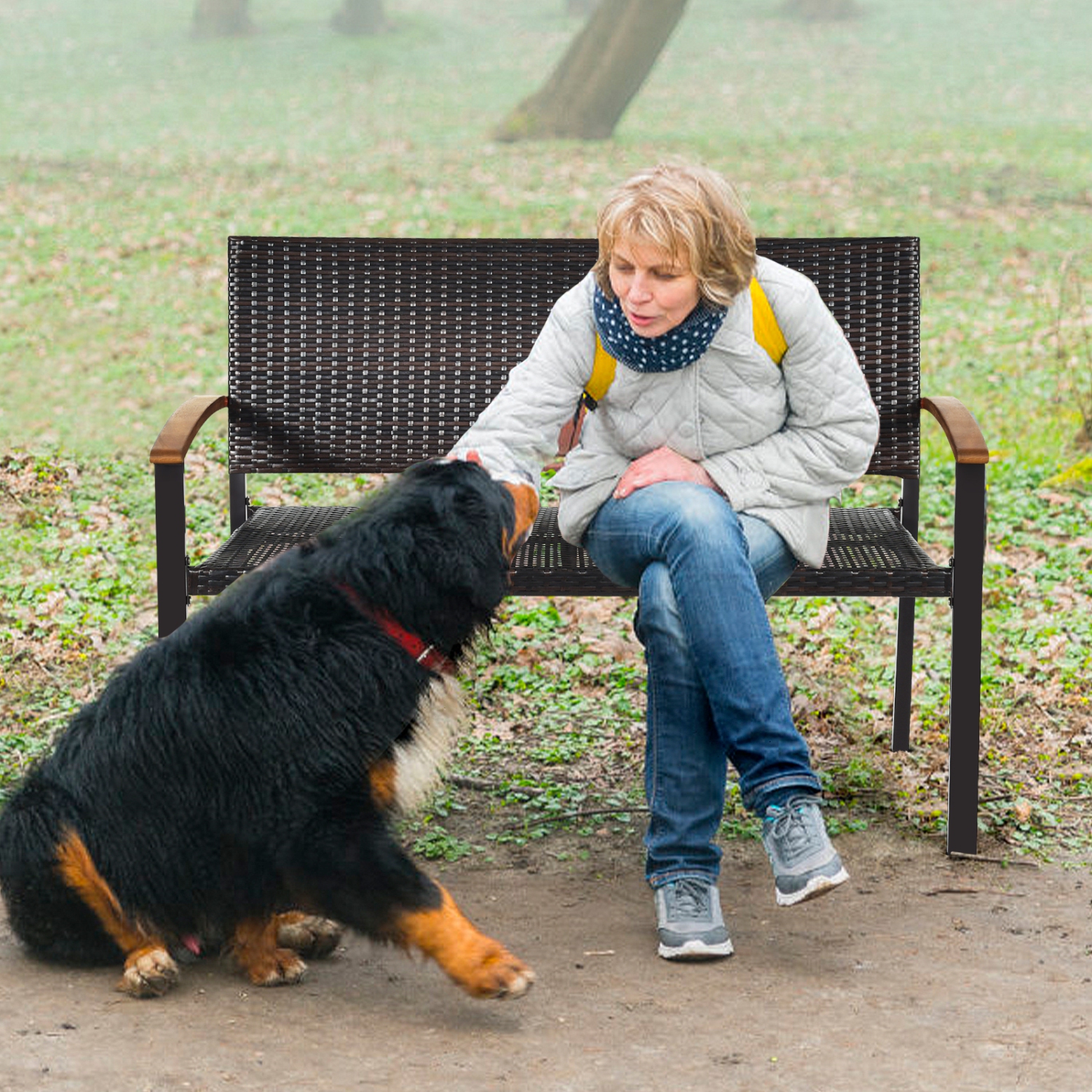 Le banc de patio en osier et en rotin résistant aux intempéries avec cadre en acier de PatioJoy pour l’extérieur du jardin de la cour