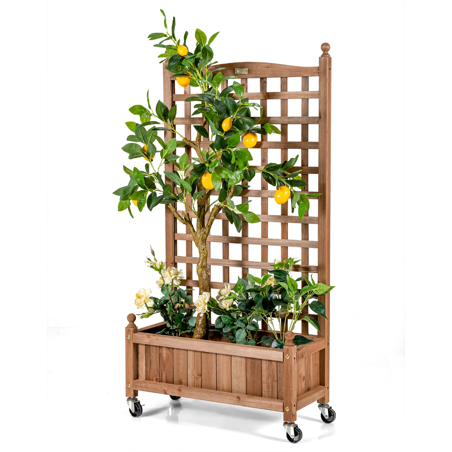 Topbuy 50in Wood Planter Box with Trellis and Wheels Mobile Plant Raised Bed for Indoor&Outdoor