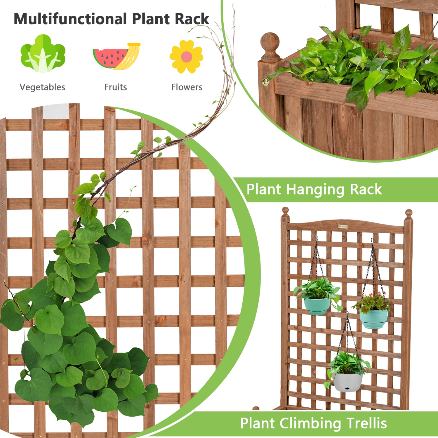 Topbuy 50in Wood Planter Box with Trellis and Wheels Mobile Plant Raised Bed for Indoor&Outdoor