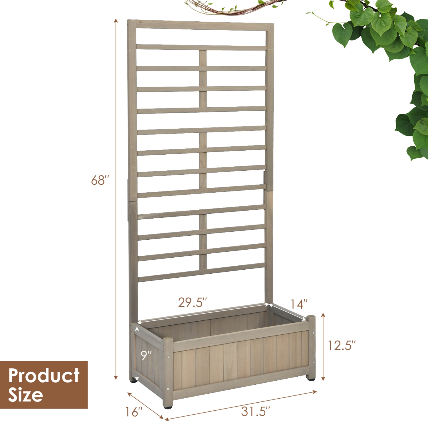 Topbuy 68" Wood Planter Box with Trellis Plant Raised Bed for Flower Climbing for Garden Balcony Patio Yard