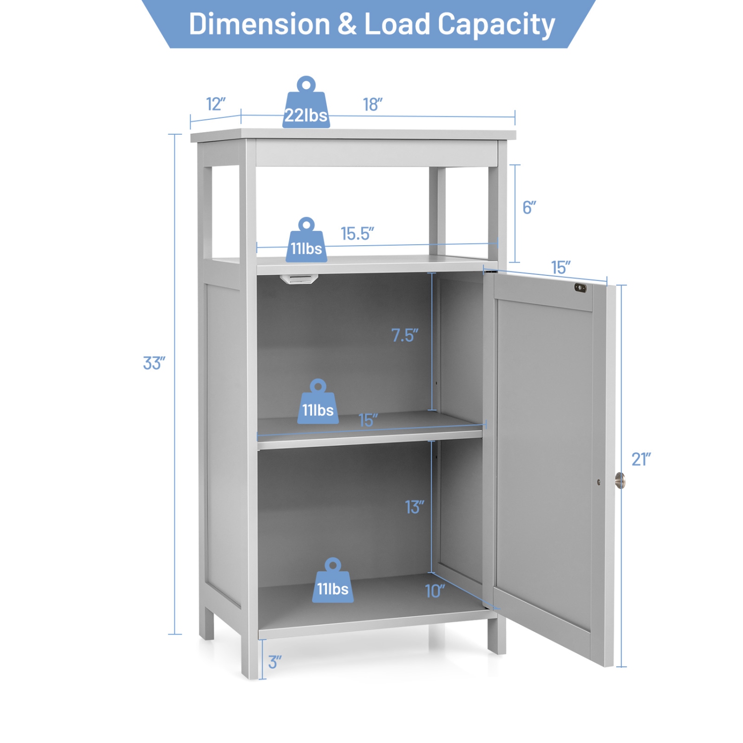 Topbuy – Armoire de rangement de plancher de salle de bain autonome en bois rangement Cupboard tablette grise