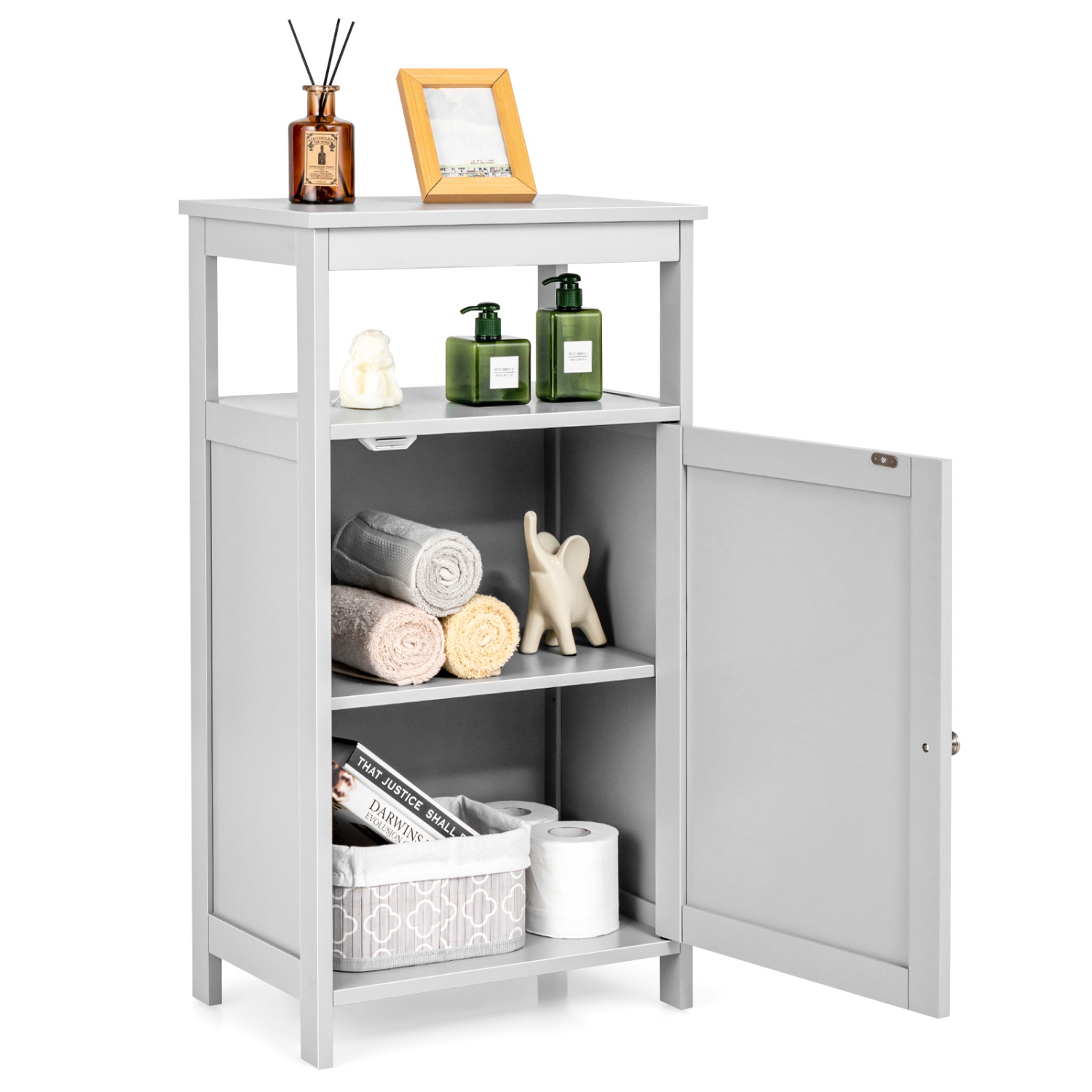 Topbuy – Armoire de rangement de plancher de salle de bain autonome en bois rangement Cupboard tablette grise