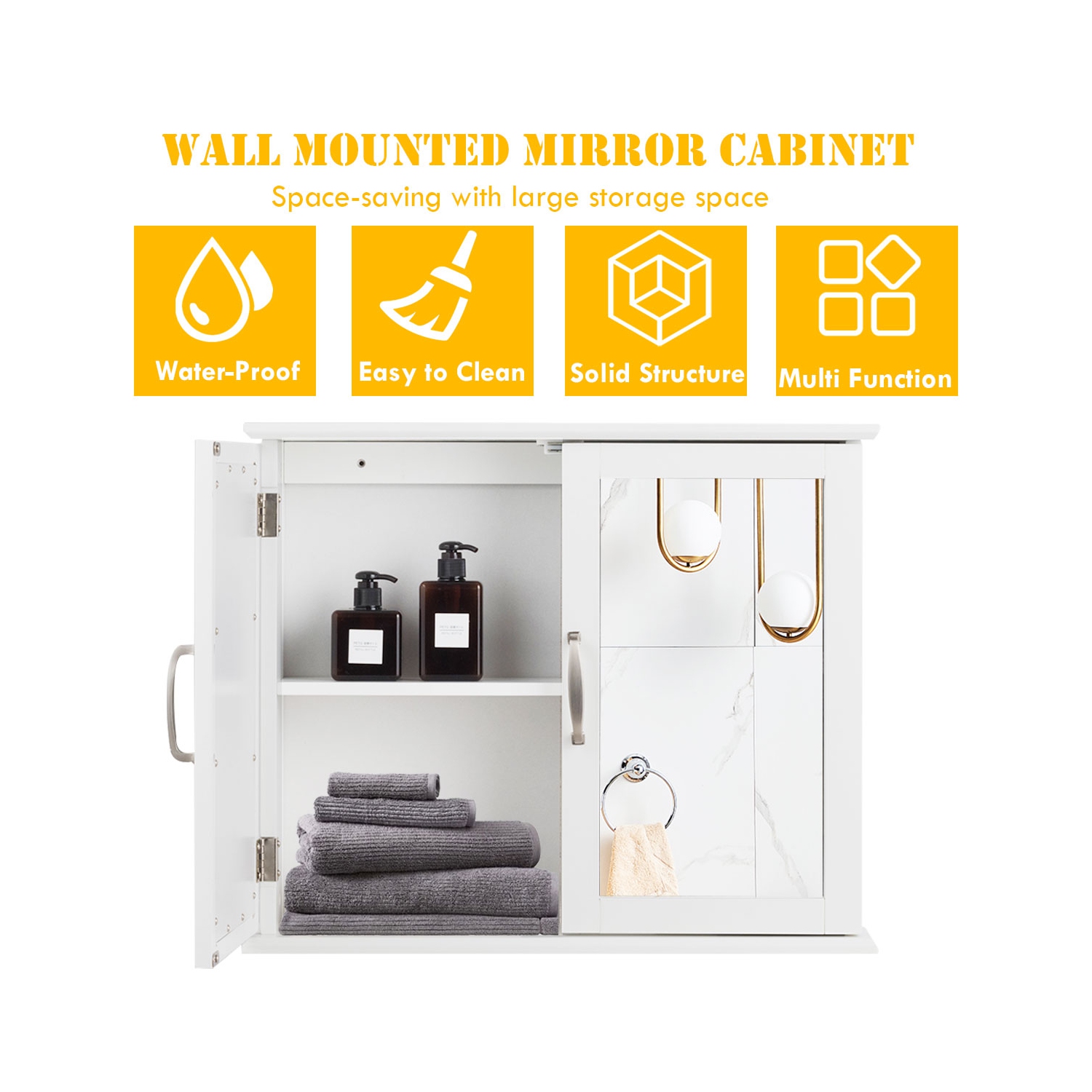 Topbuy – Armoire de rangement murale pour salle de bain à 2 niveaux avec 2 portes miroir