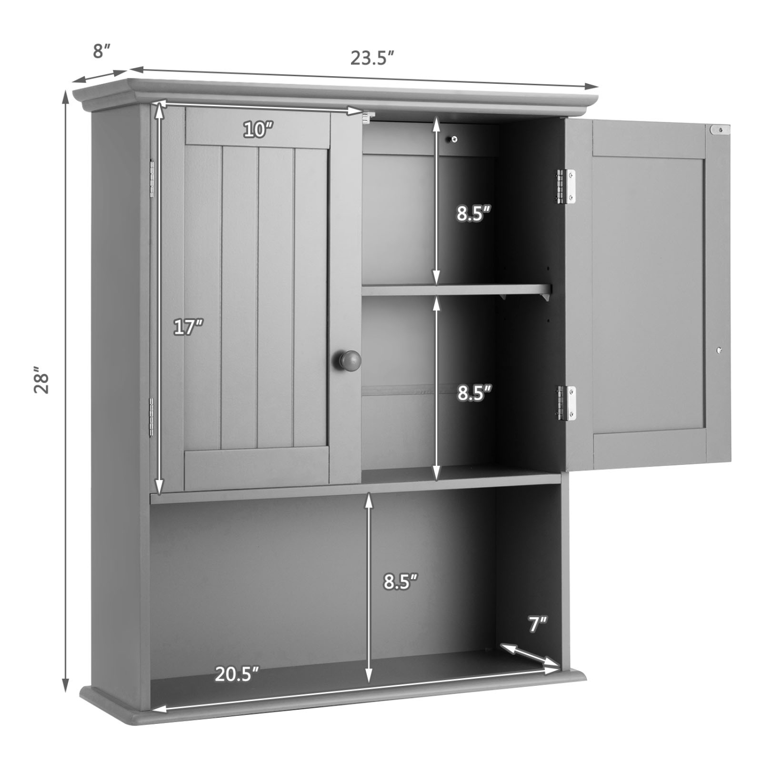 TopBuy – Armoire de rangement murale pour armoire à pharmacie avec 2 portes et tablette réglable, gris/blanc