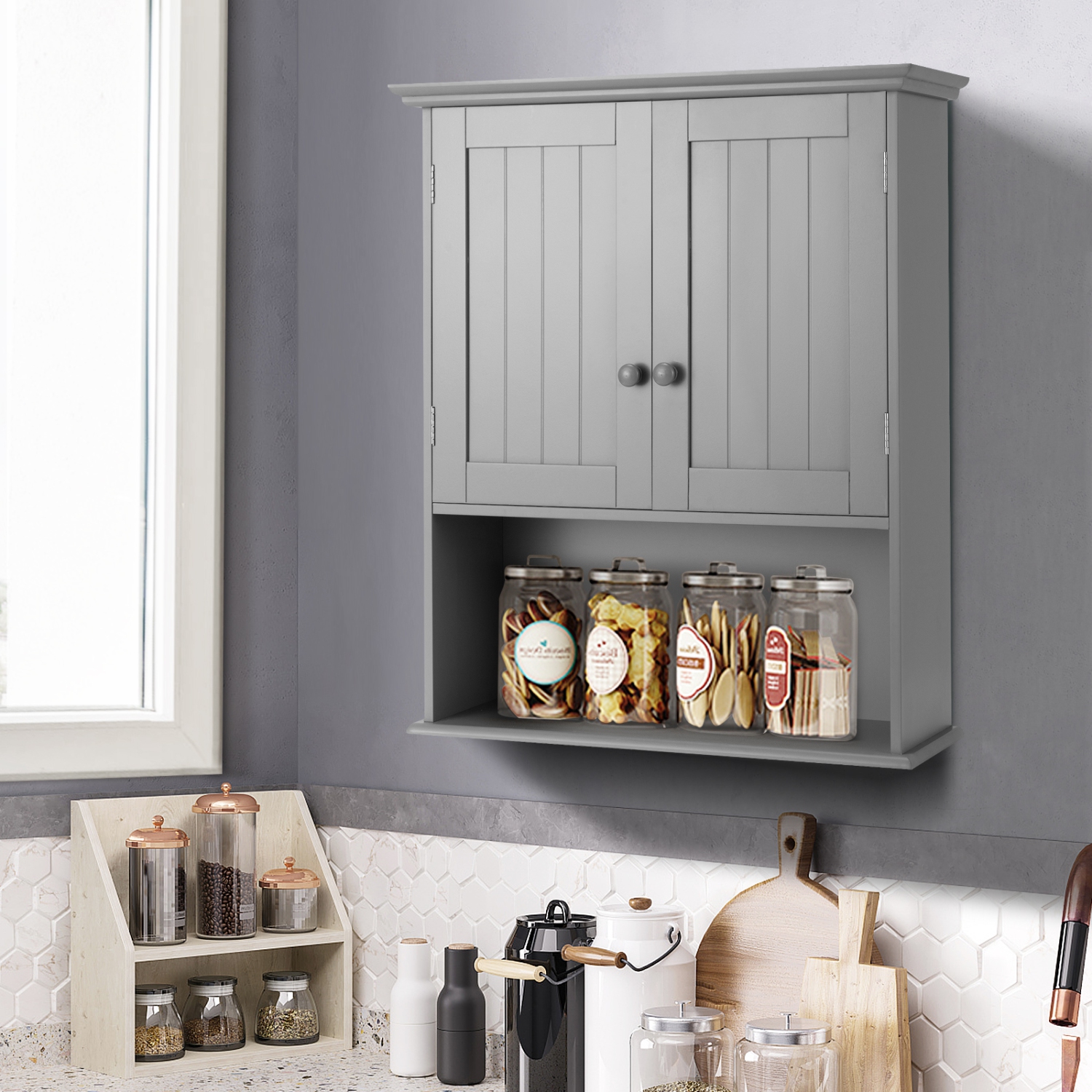 TopBuy – Armoire de rangement murale pour armoire à pharmacie avec 2 portes et tablette réglable, gris/blanc