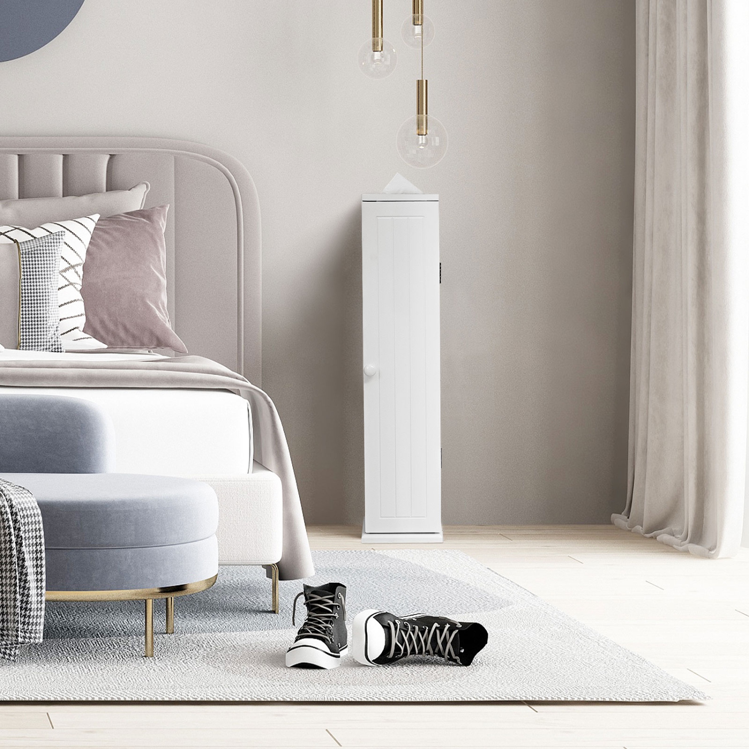 TopBuy – porte-papier hygiénique étroit, grande armoire de rangement pour toilettes, tablette de rangement latérale, blanc