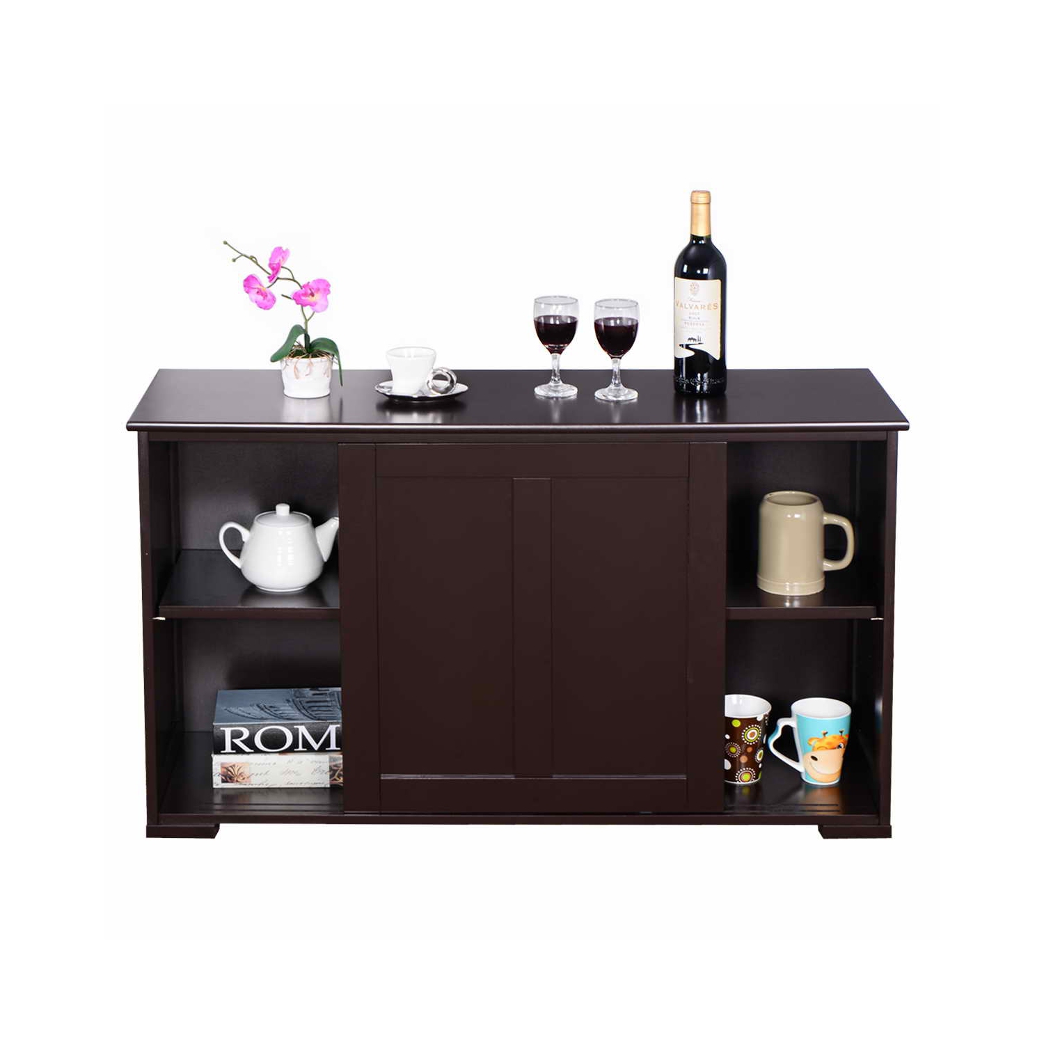 Topbuy Wood Buffet Cupboard Kitchen Storage Cabinet Sideboard w/ Sliding Door Brown