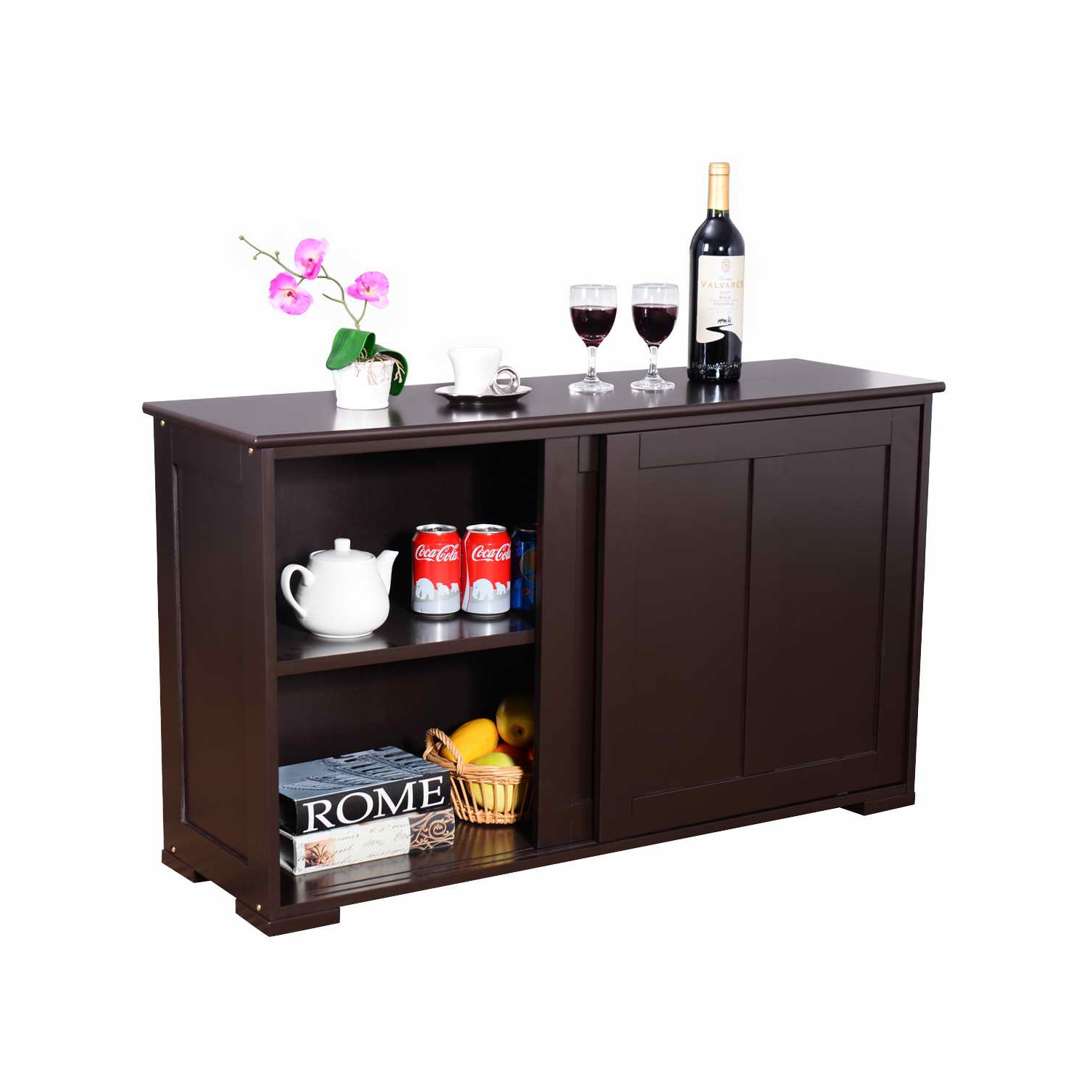 Topbuy Wood Buffet Cupboard Kitchen Storage Cabinet Sideboard w/ Sliding Door Brown