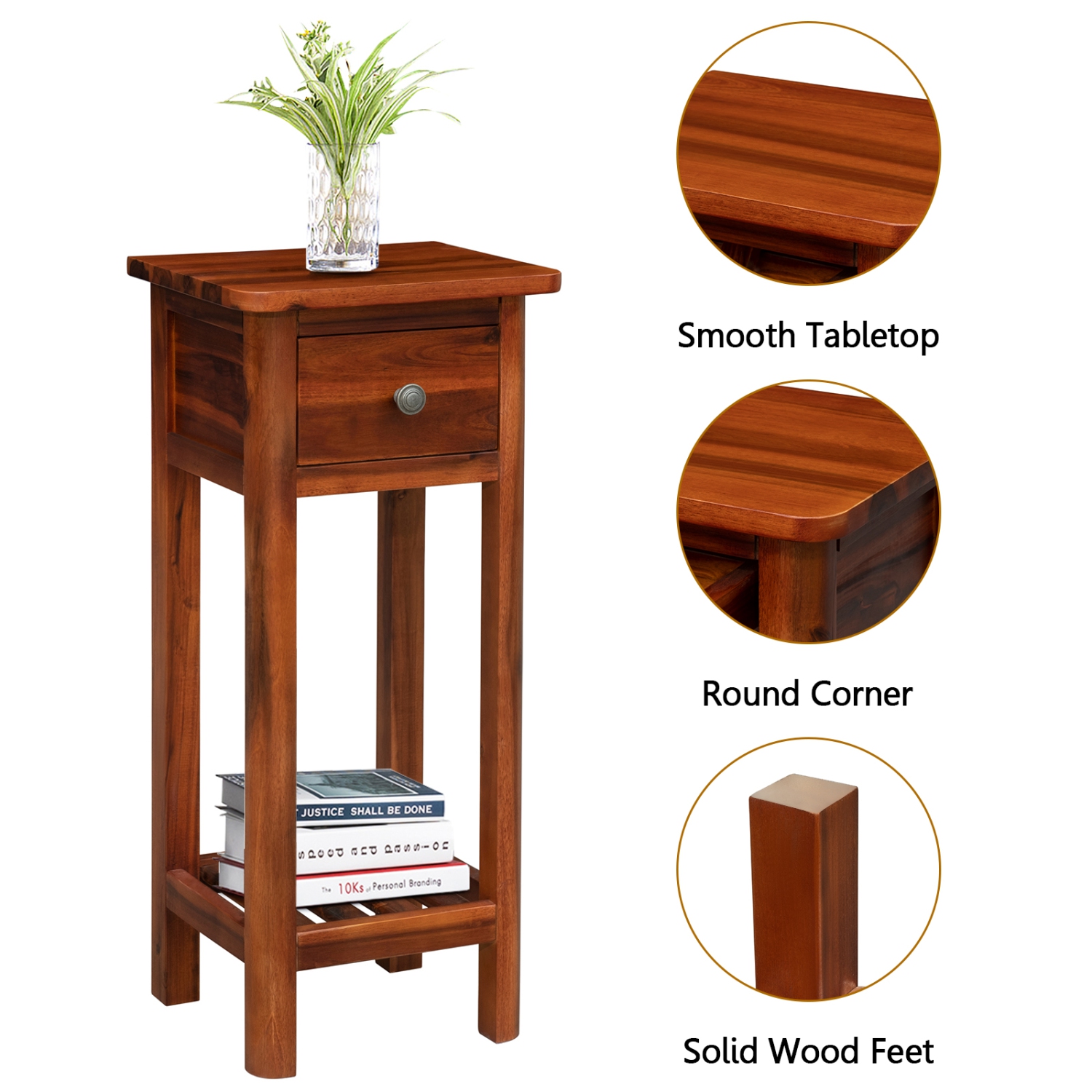 Topbuy 2PCS Wooden End Table Nightstand w/Storage Shelf and Drawer for Livng room Rustic Brown