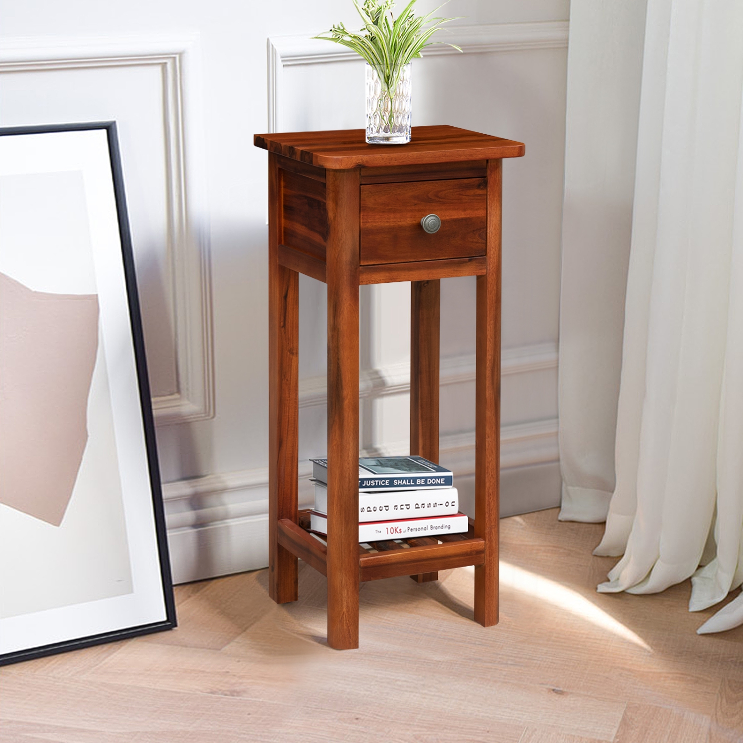 Topbuy Wooden End Table Nightstand w/Storage Shelf and Drawer for Livng room Rustic Brown