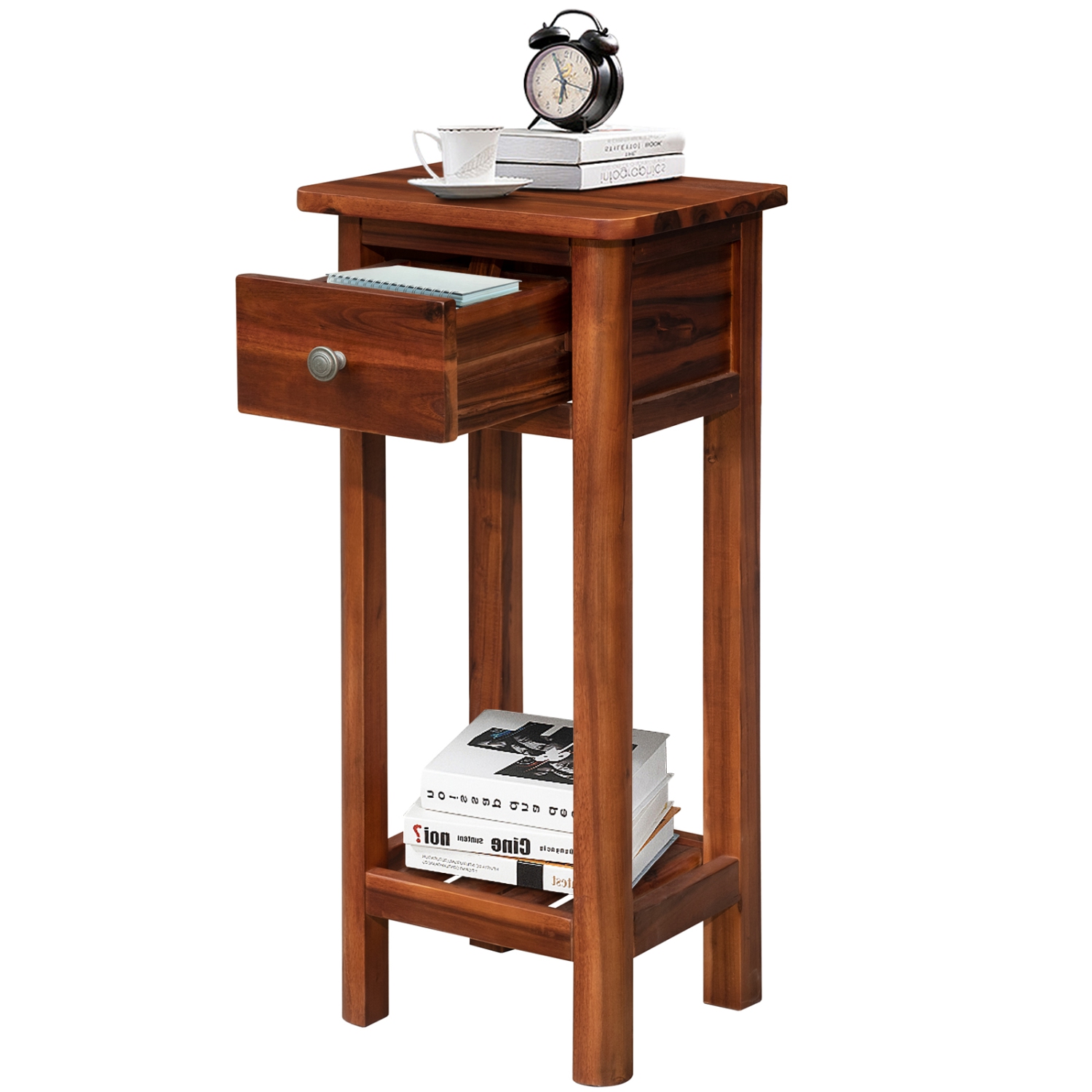 Topbuy Wooden End Table Nightstand w/Storage Shelf and Drawer for Livng room Rustic Brown