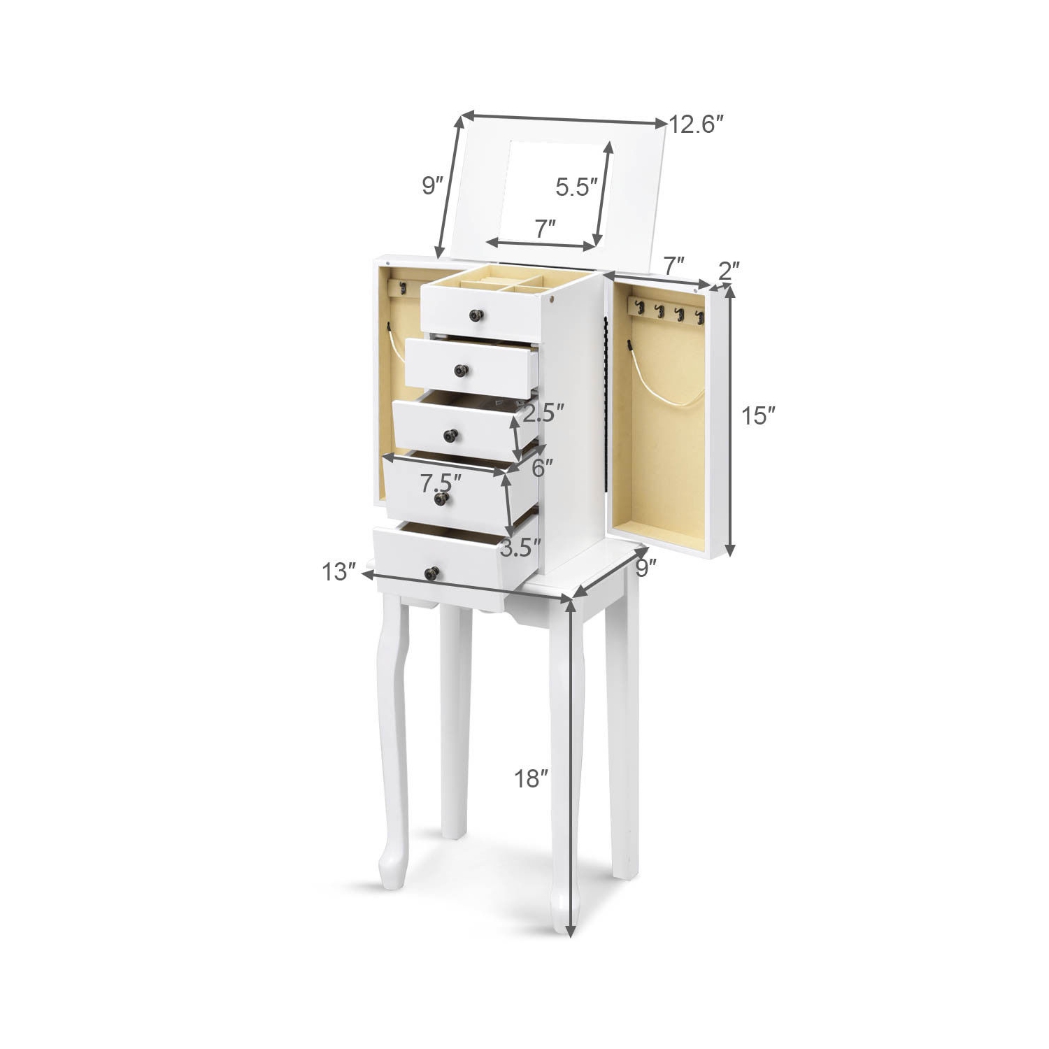 TopBuy – Armoire à bijoux avec armoire de rangement et coffre de rangement debout avec miroir