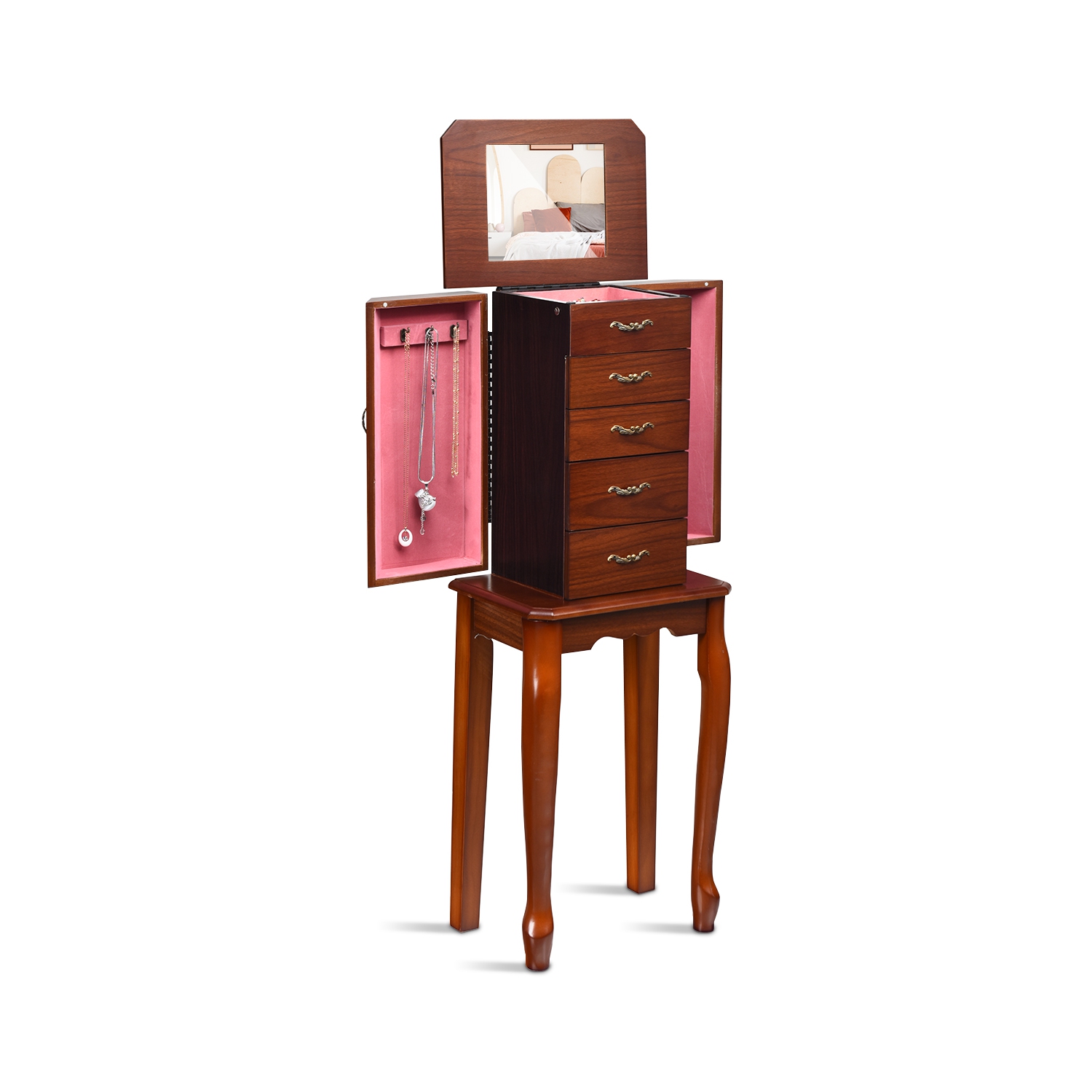 TopBuy – Armoire à bijoux avec armoire à rangement avant cambrées et rangement sur pied, noyer foncé