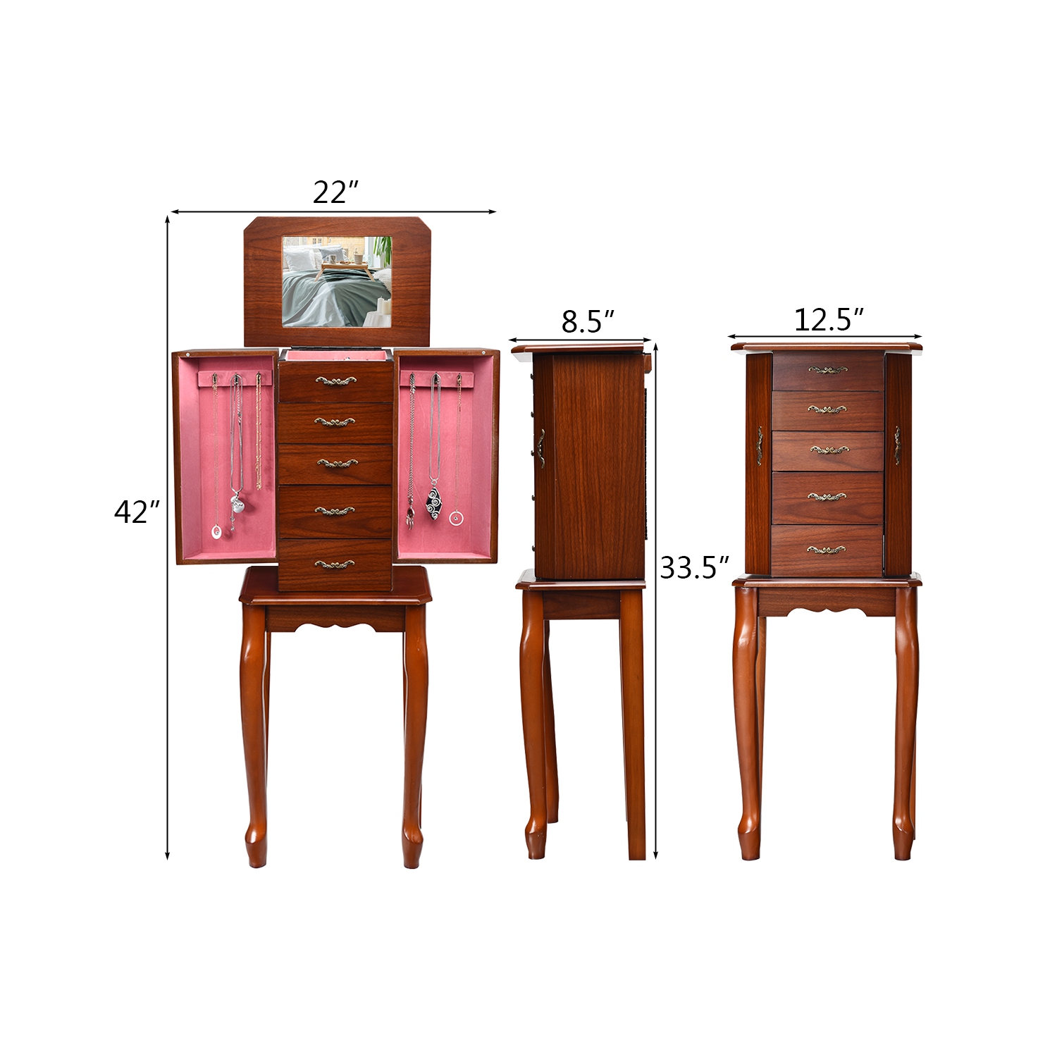 TopBuy – Armoire à bijoux avec armoire à rangement avant cambrées et rangement sur pied, noyer foncé