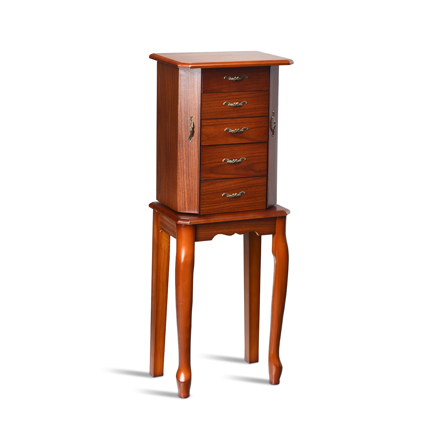 TopBuy – Armoire à bijoux avec armoire à rangement avant cambrées et rangement sur pied, noyer foncé