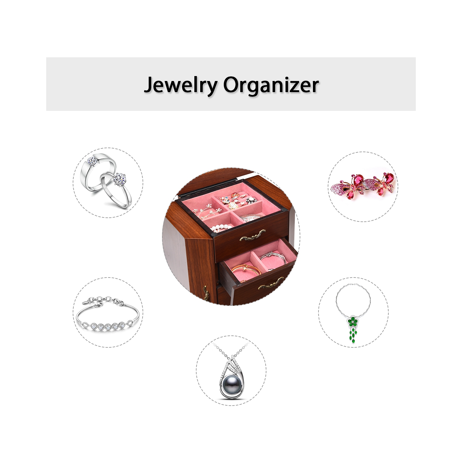 TopBuy – Armoire à bijoux avec armoire à rangement avant cambrées et rangement sur pied, noyer foncé