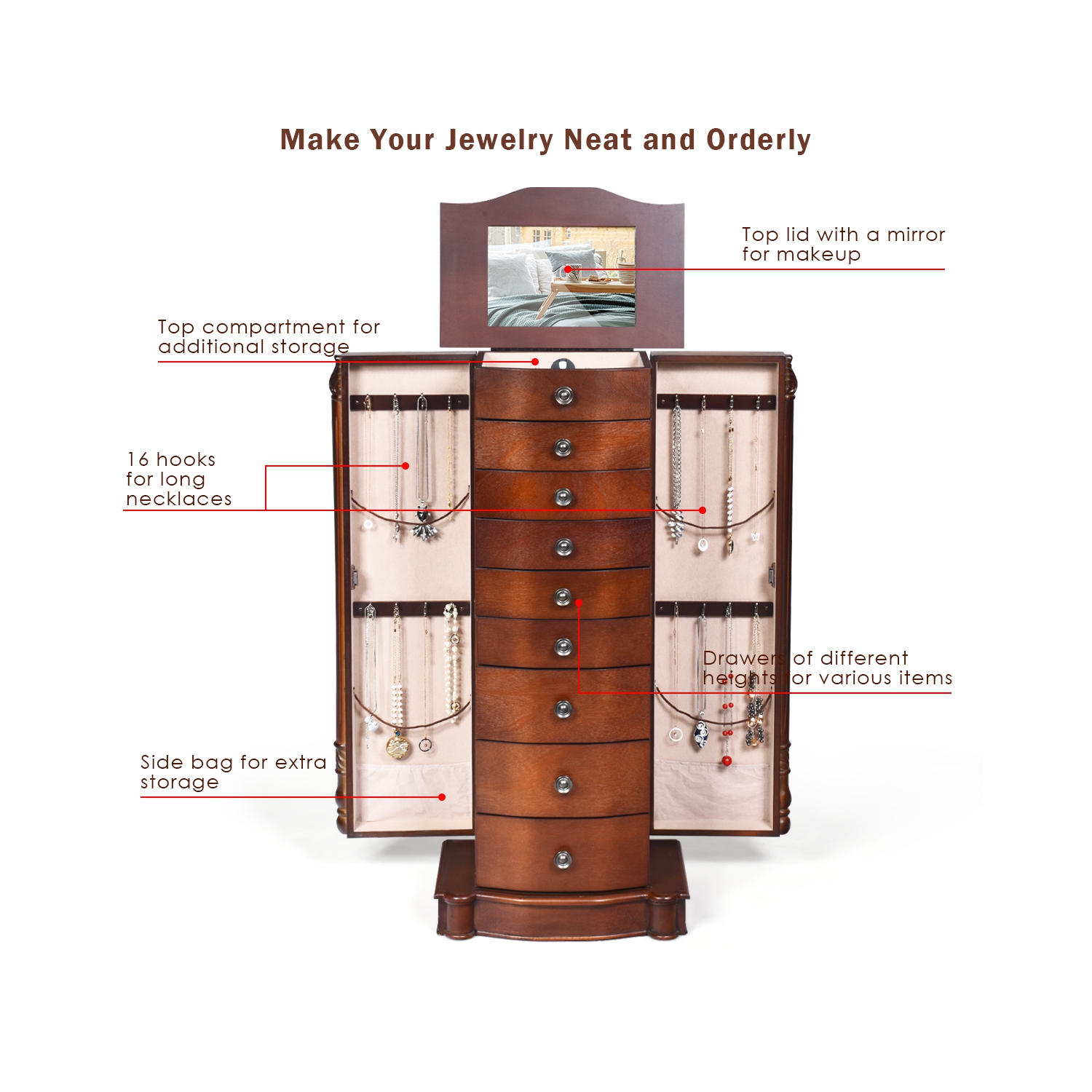 TopBuy – Coffret à bijoux classique à 8 tiroirs pour coiffeuse, brun