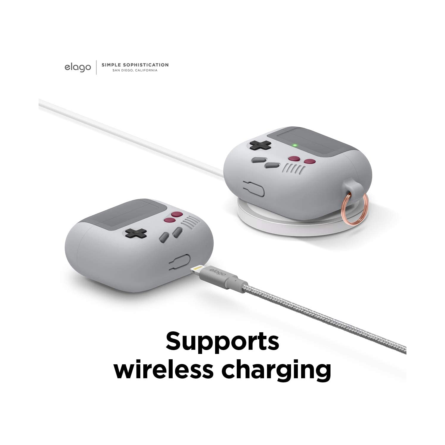 Elago AW5 Compatible avec les AirPods 3ᵉ Generation étui, étui classique pour console de jeu portative, antichoc, mousqueton inclus [gris pâle]