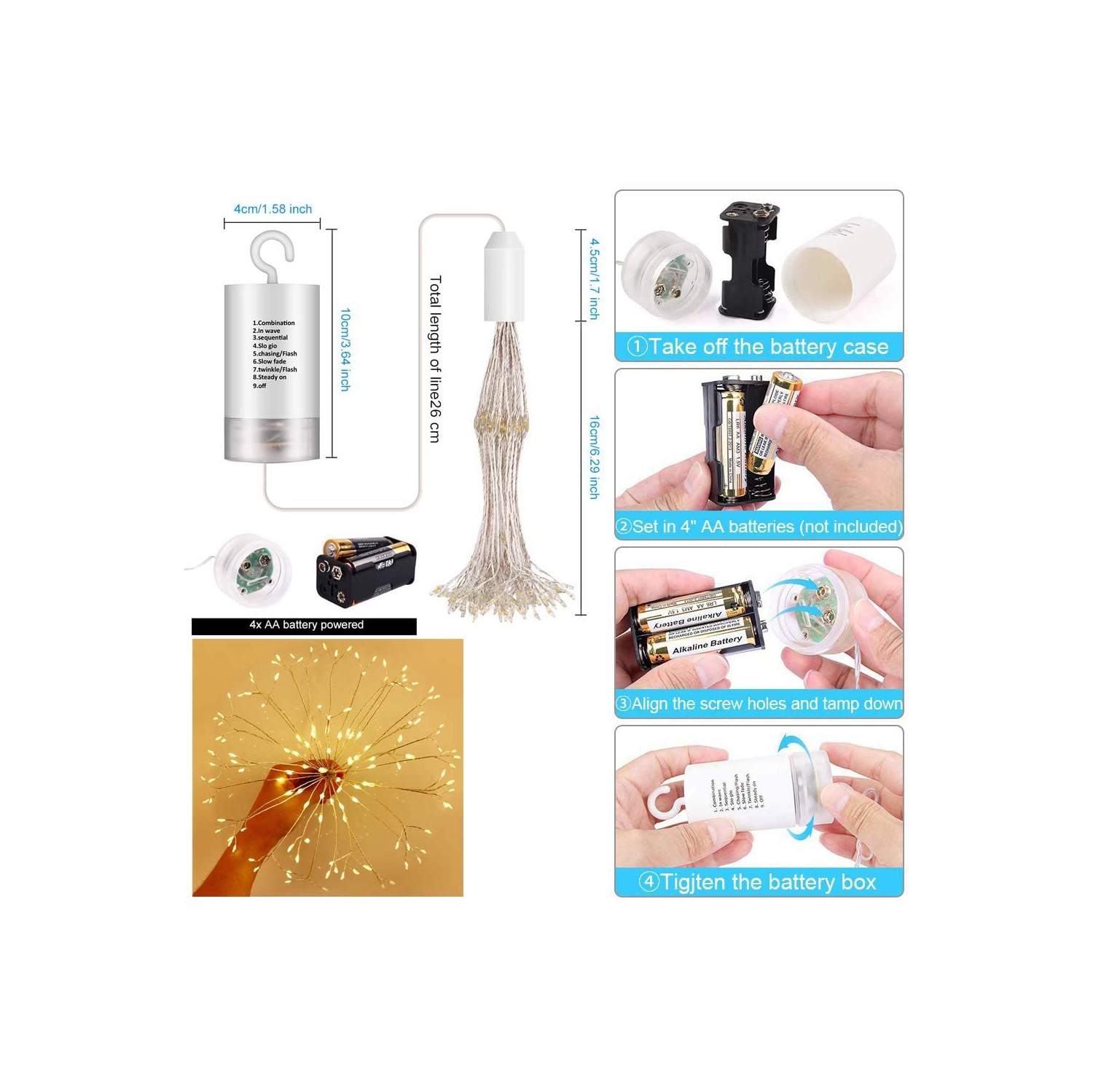 4 Pack Firework Hanging Lights 120 LEDs Fairy Lights for Home, Indoor & Outdoor