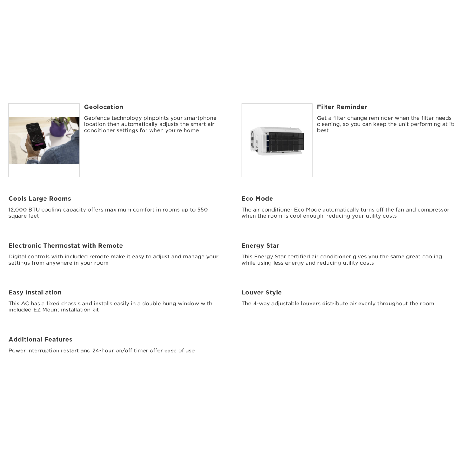 GE 12 000 BTU Climatiseur de fenêtre électronique intelligent pour grandes pièces jusqu'à 550 pi2 3 vitesses de refroidissement et de ventilation