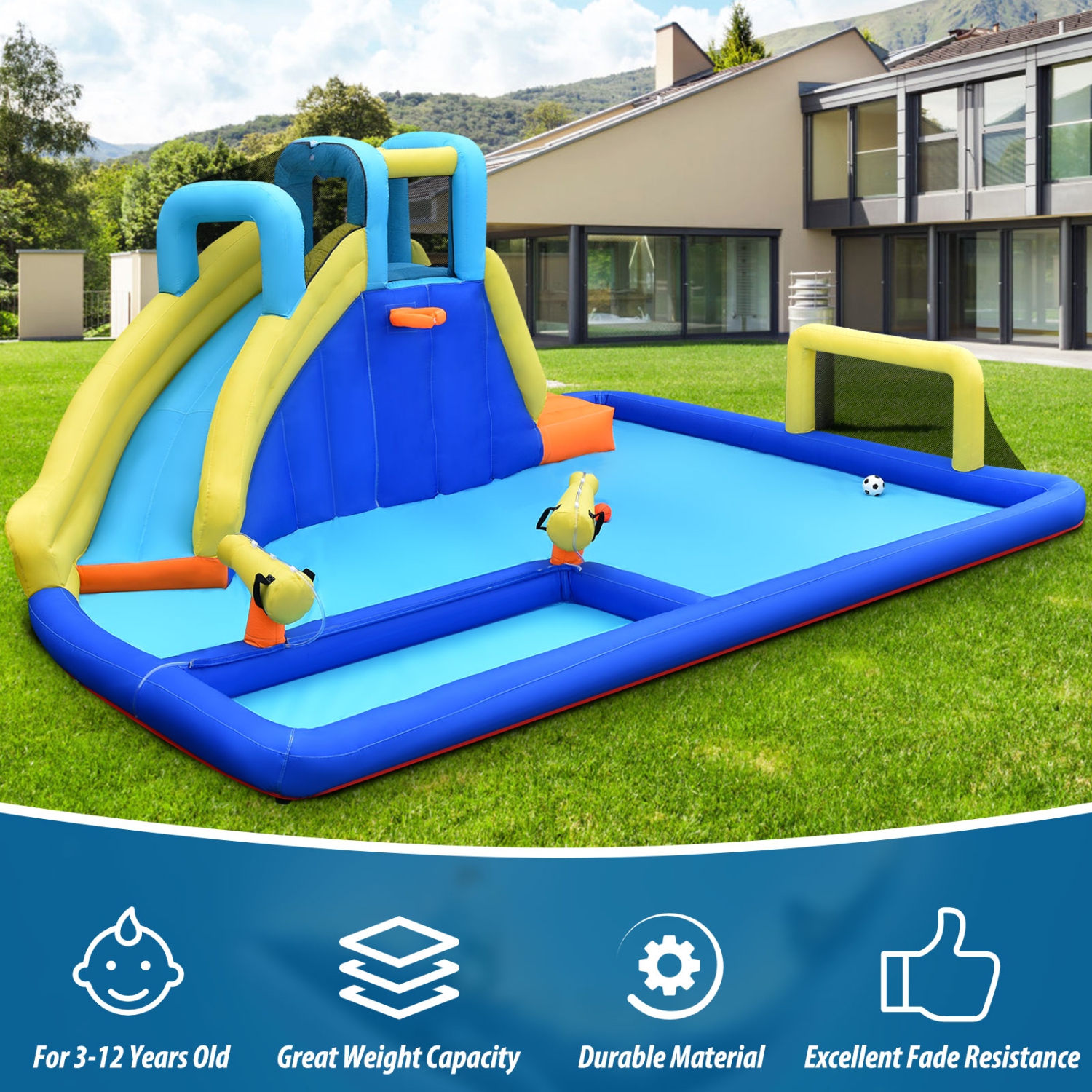 Topbuy Inflatable Bounce House Water Slide Bouncer with Ball Shooting Climbing Wall for Outdoor Entertainment without Blower