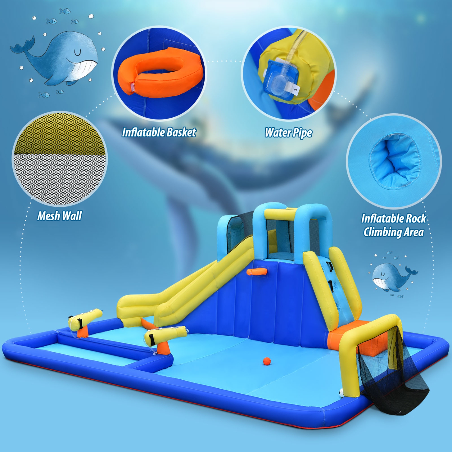 Topbuy Inflatable Bounce House Water Slide Bouncer with Ball Shooting Climbing Wall for Outdoor Entertainment without Blower