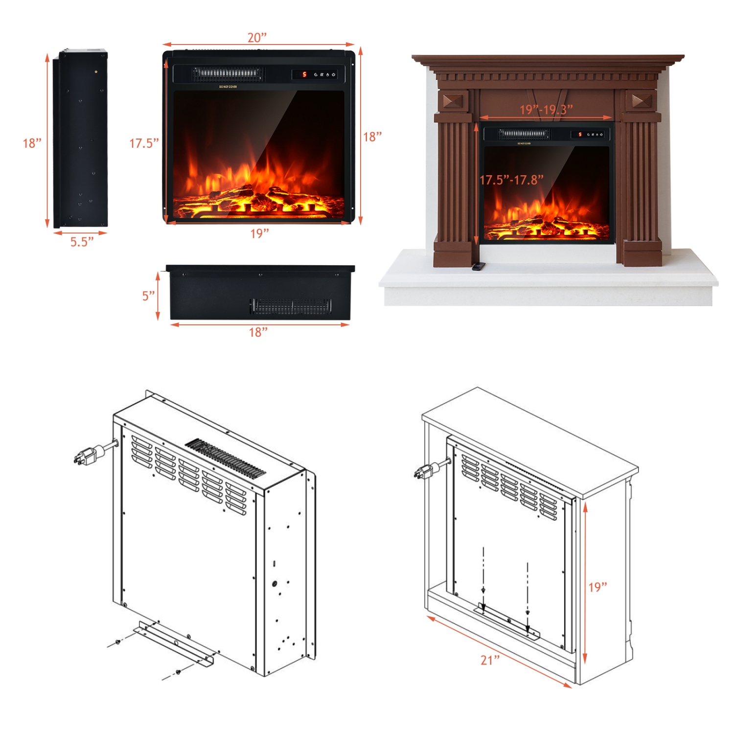 Topbuy 18" Recessed Electric Fireplace Freestanding Heater w/Dual Control 750W/1500W Mode Realistic Flame