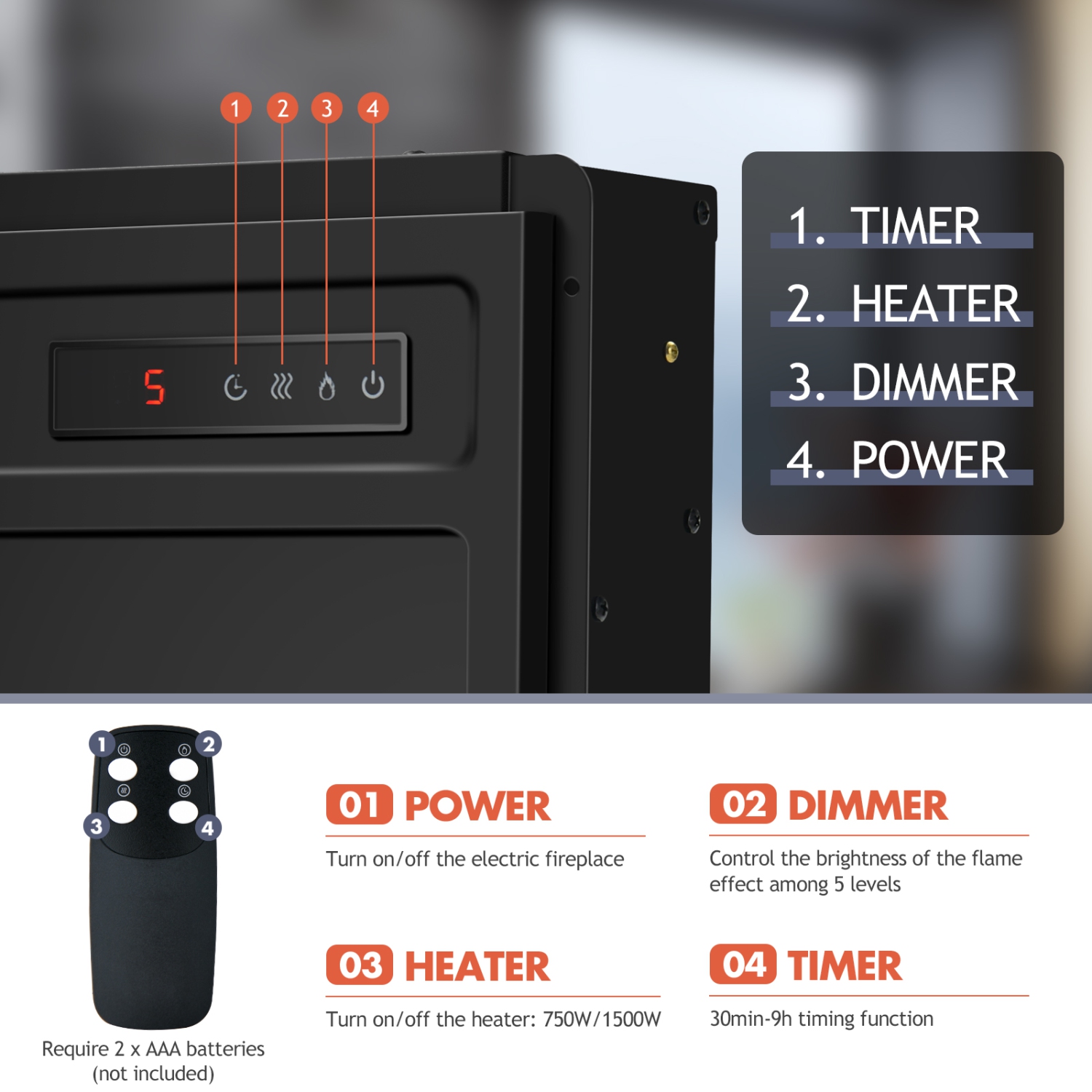 Topbuy 18" Recessed Electric Fireplace Freestanding Heater w/Dual Control 750W/1500W Mode Realistic Flame