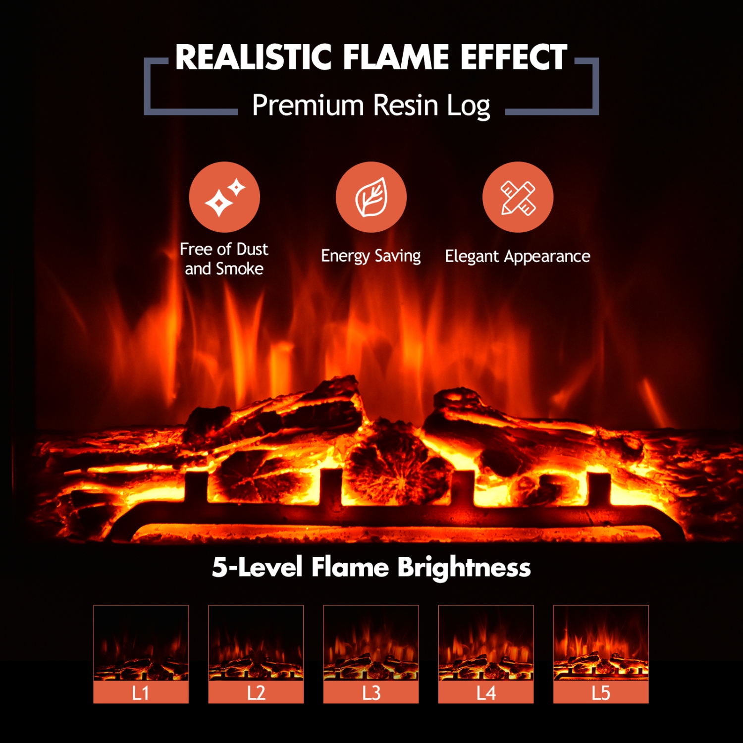 Topbuy 18" Recessed Electric Fireplace Freestanding Heater w/Dual Control 750W/1500W Mode Realistic Flame