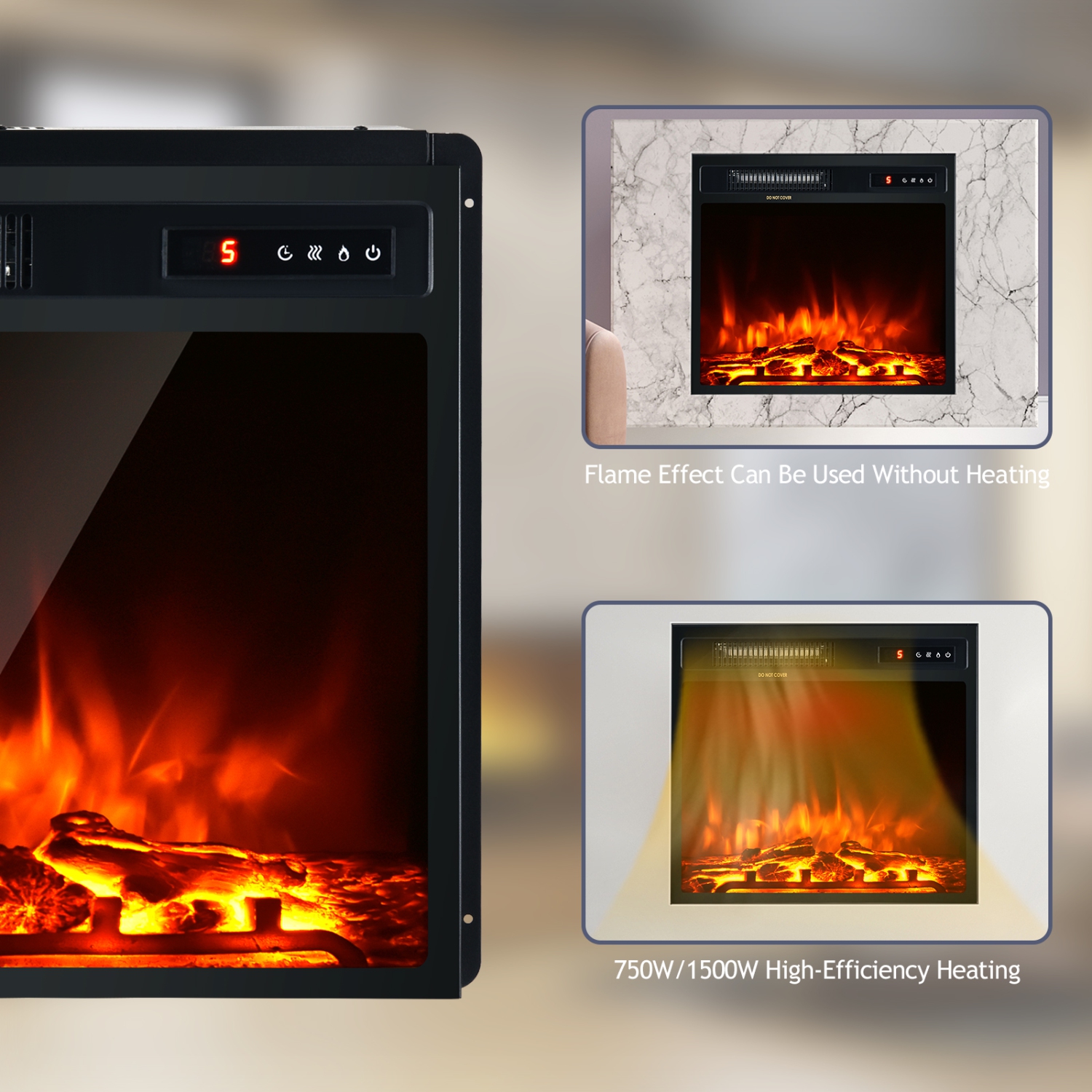 Topbuy 18" Recessed Electric Fireplace Freestanding Heater w/Dual Control 750W/1500W Mode Realistic Flame