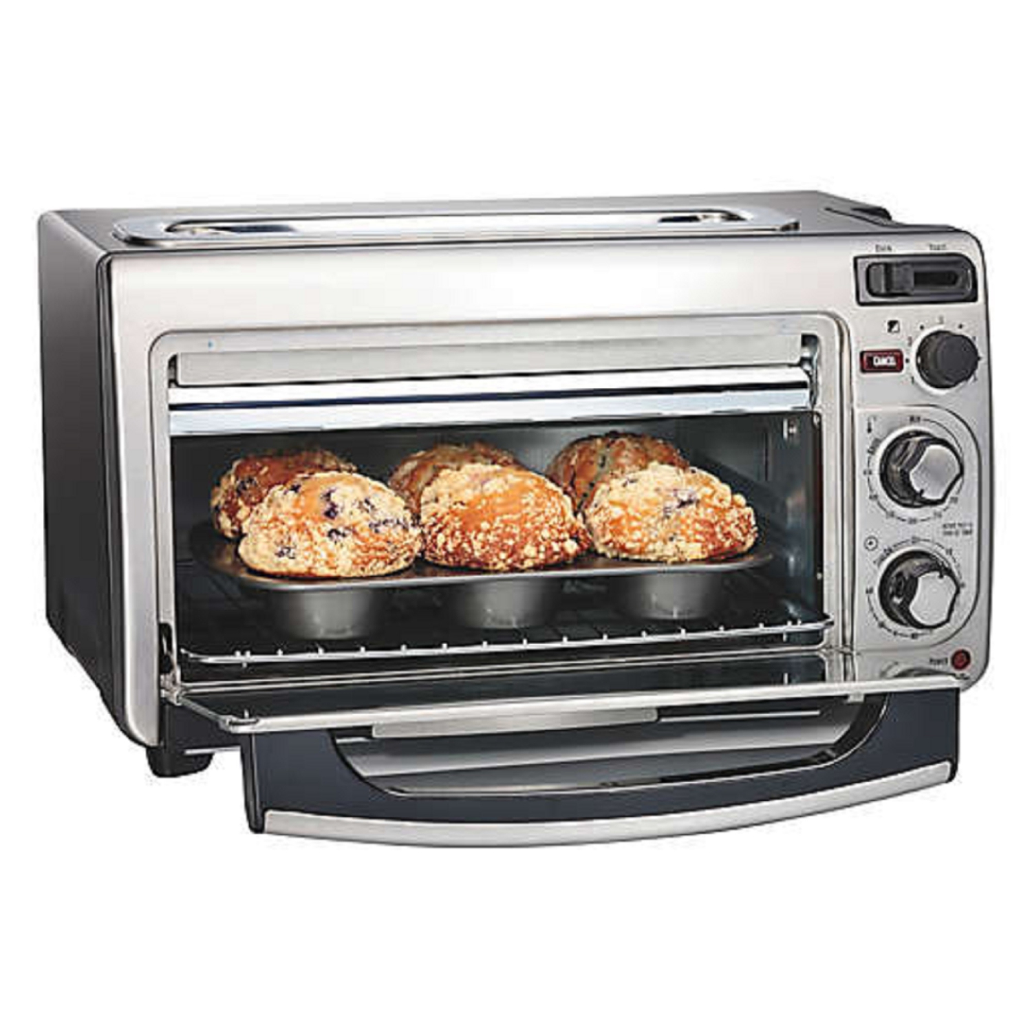 Oven and Toaster. Auto Shut Off 3 Settings Versatile Space Saving Hamilton Beach® 2-in-1 Oven and Toaster with 60 Minute Timer