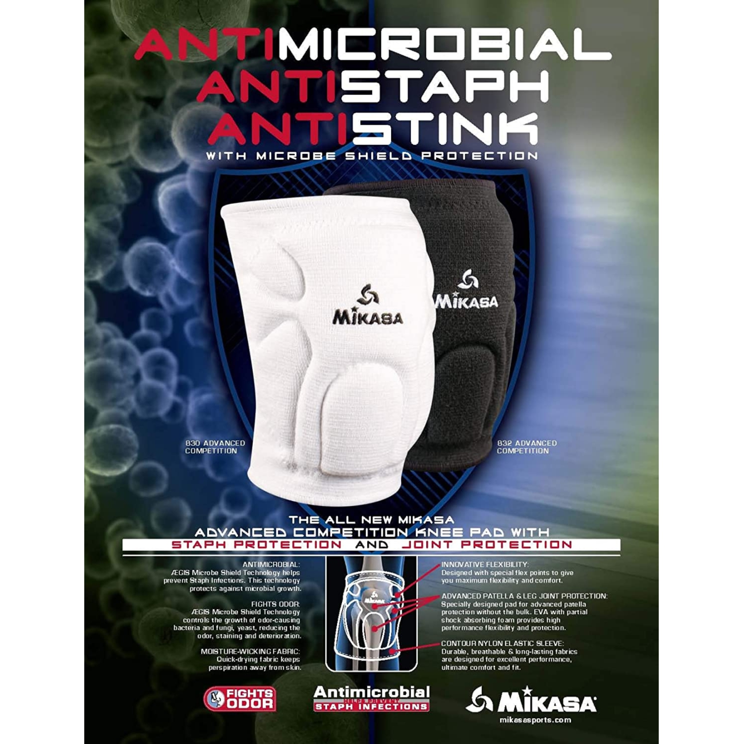 Mikasa 832 Series Antimicrobial Advanced Competition Knee Pads - Senior Size, Black