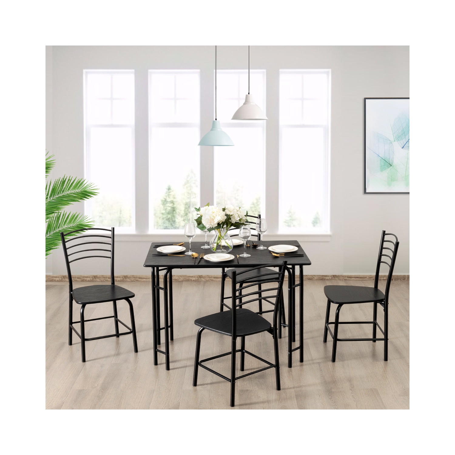 Topbuy 5 Pieces Dining Table and Chair Set Metal Frame Wooden Tabletop