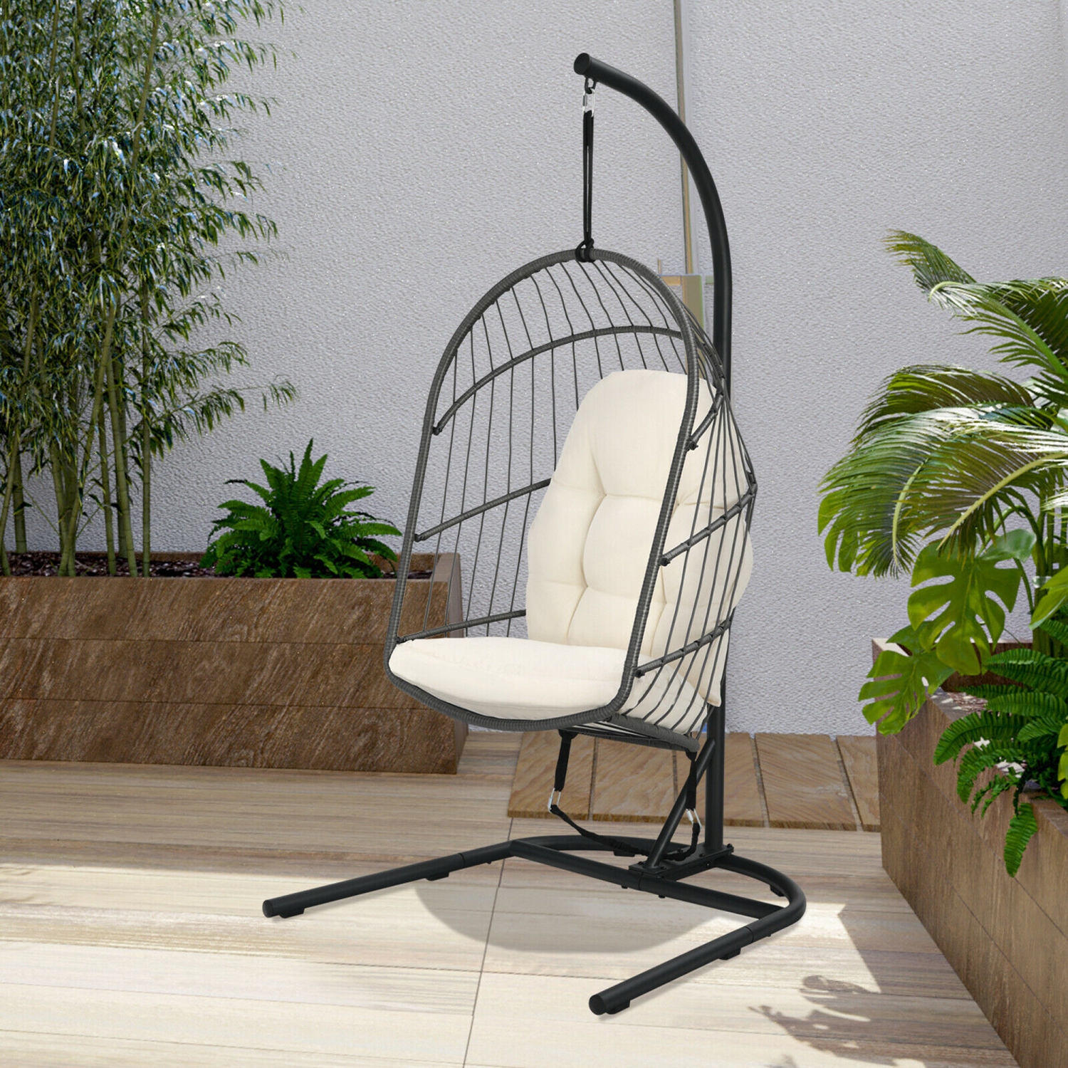 chaise hamac suspendue en forme d’œuf de marque Gymax balançoire en rotin pour patio avec support et coussins