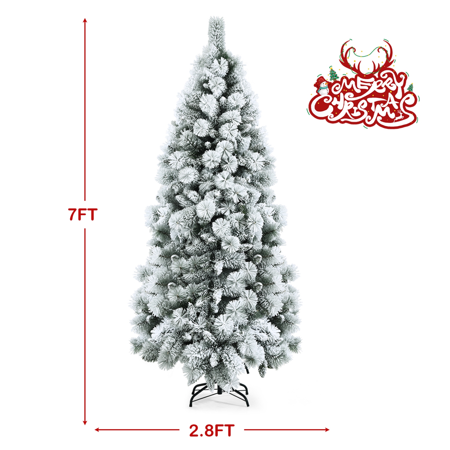 Gymax 7 FT Artificial Hinged Christmas Tree Snow-Flocked Xmas Tree w/ Metal Stand