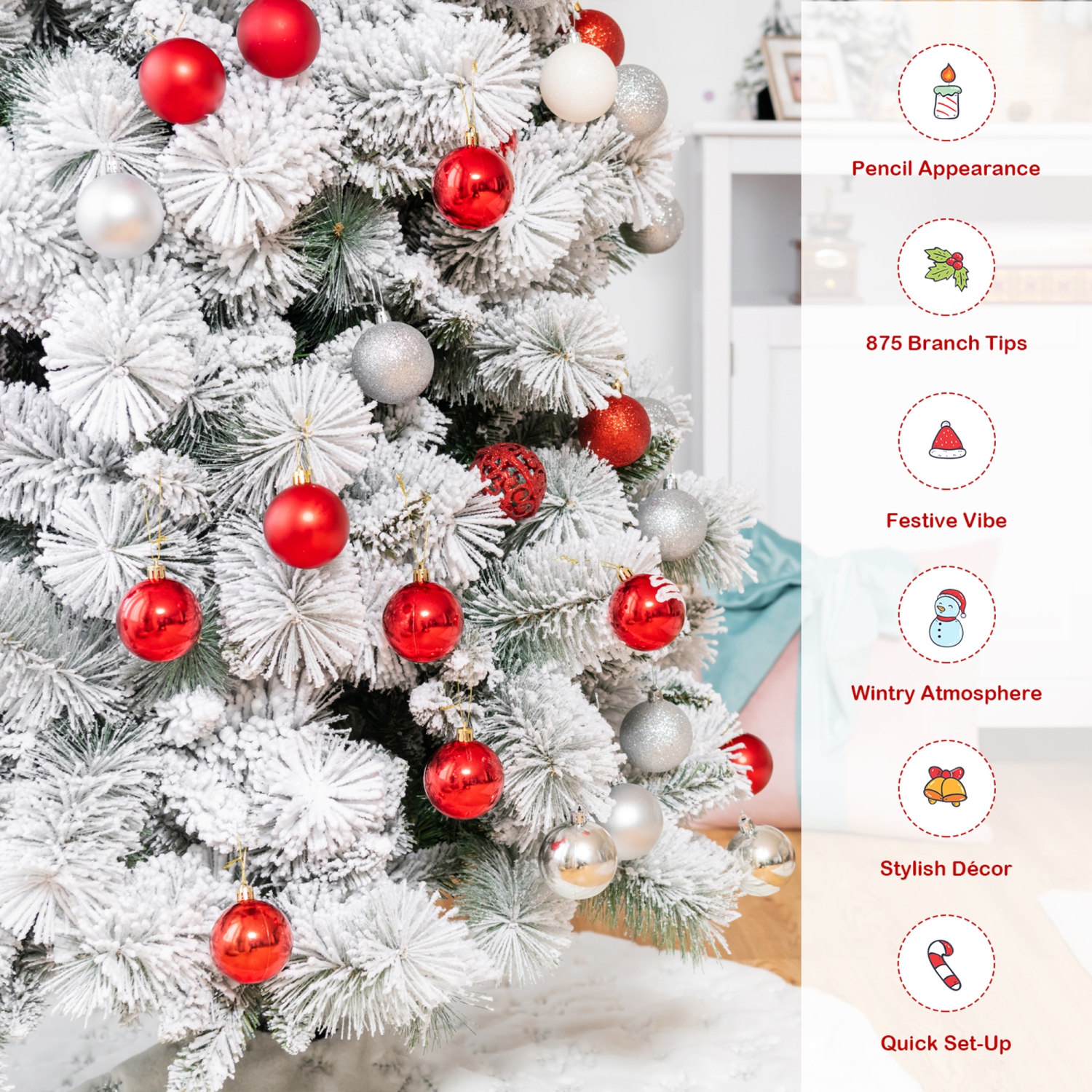 Gymax 7 FT Artificial Hinged Christmas Tree Snow-Flocked Xmas Tree w/ Metal Stand