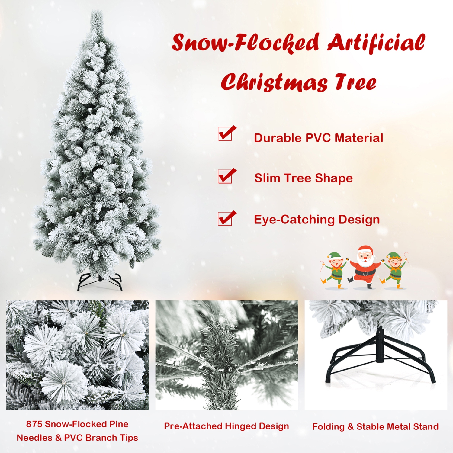 Gymax 7 FT Artificial Hinged Christmas Tree Snow-Flocked Xmas Tree w/ Metal Stand