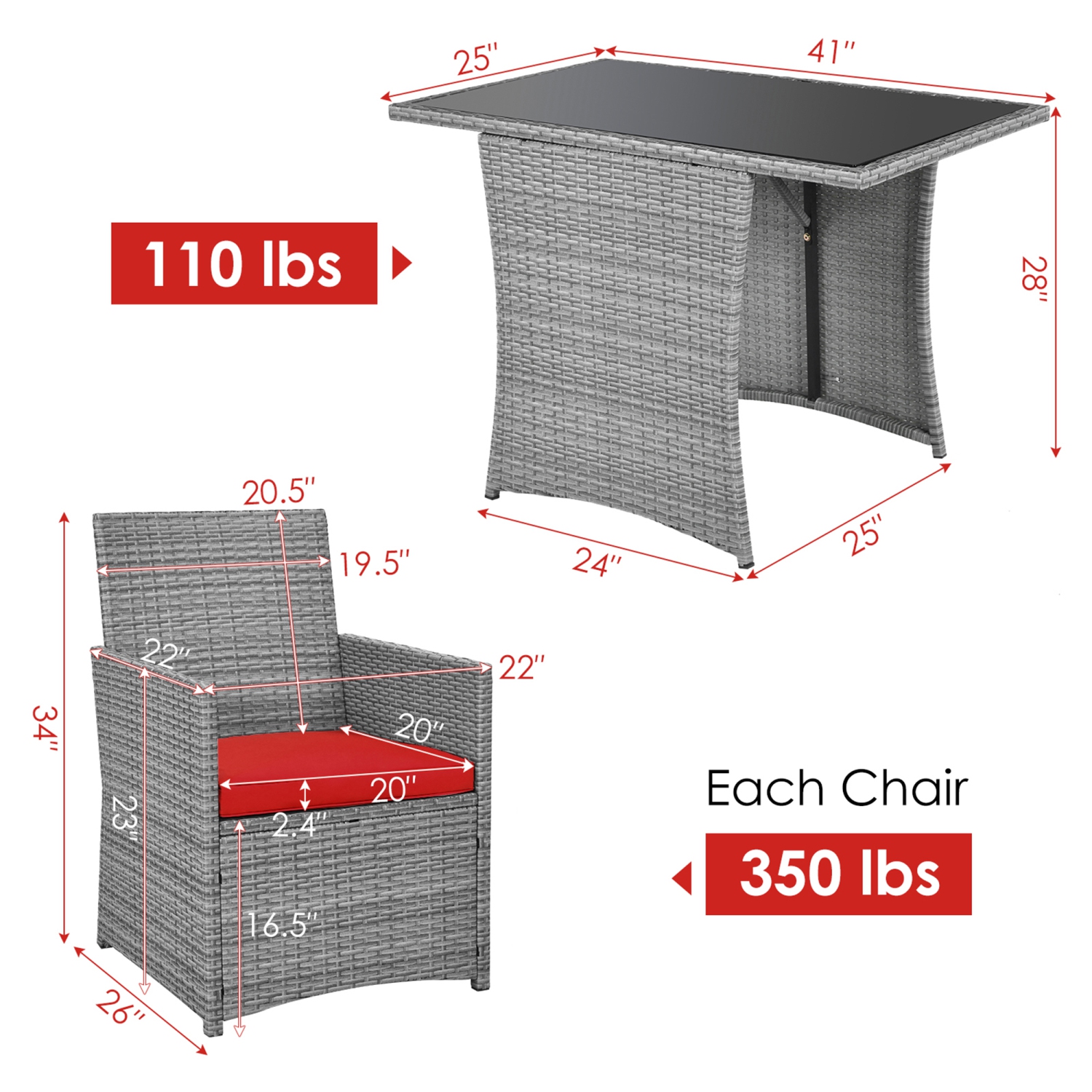 Gymax 3PCS Outdoor Rattan Conversation Set Patio Dining Table Set w/ Red Cushions